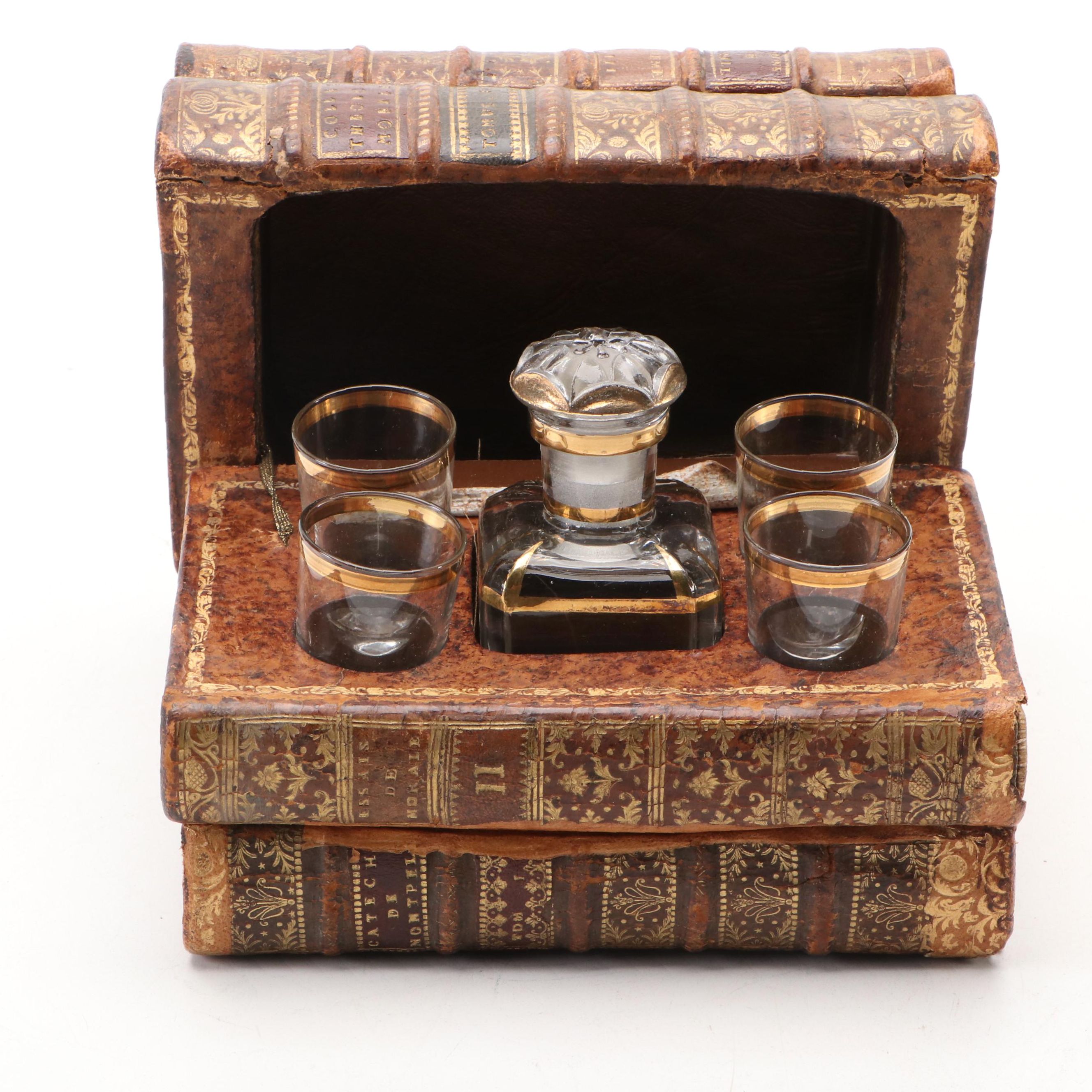 French Faux Book Tantalus Box with Decanter Set, 19th Century