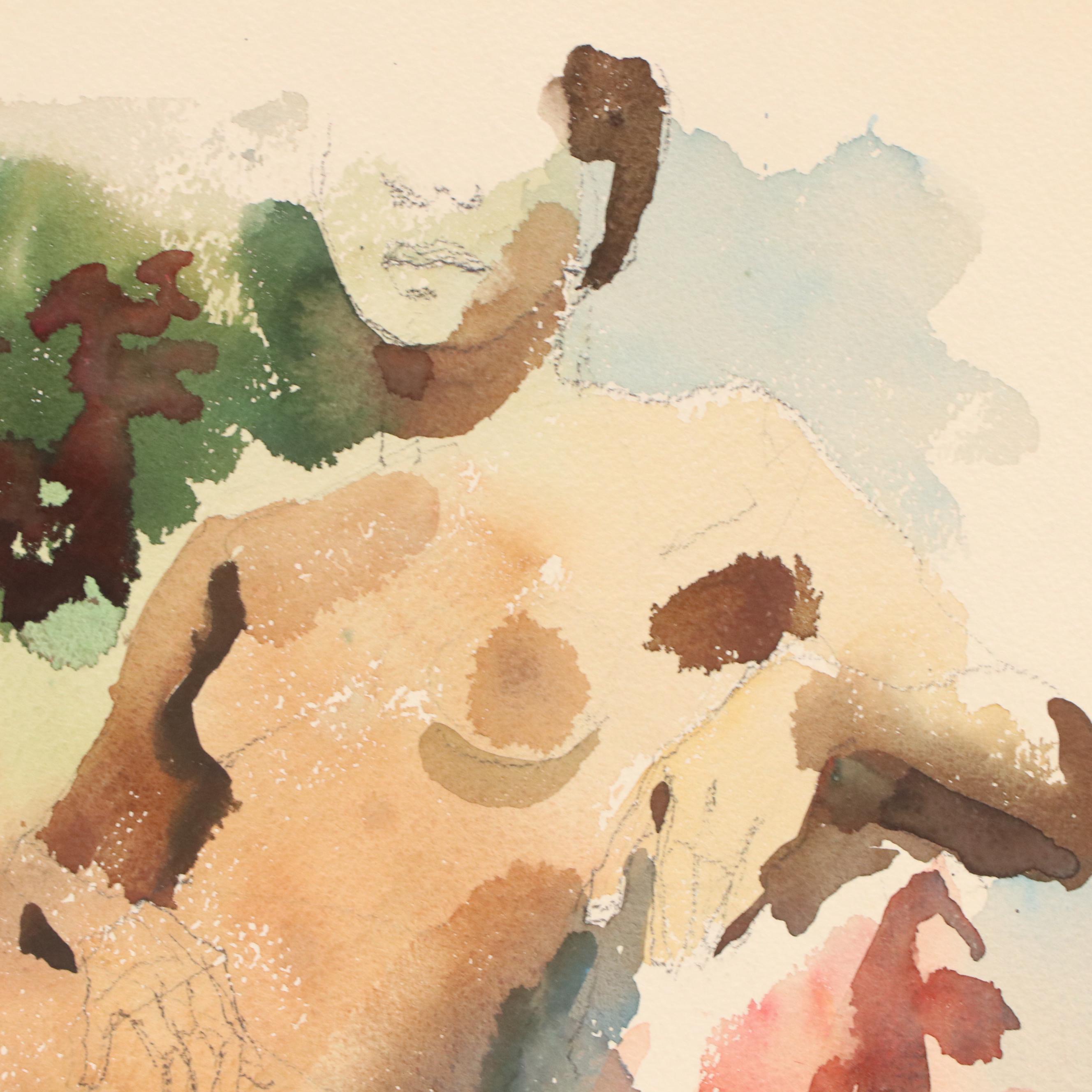 Jack Meanwell Abstract Watercolor Painting of Seated Figure, Late 20th Century