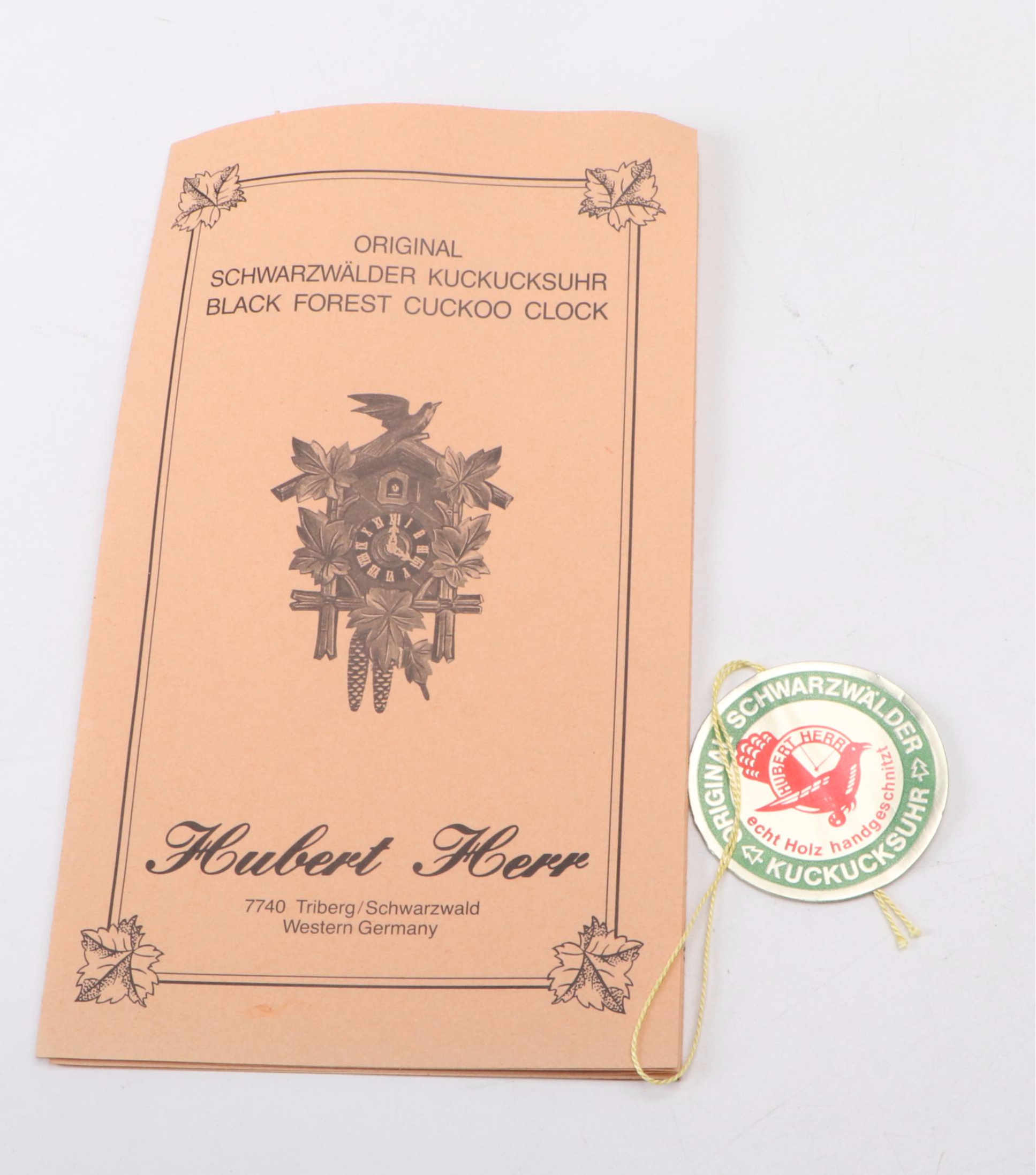 German Hubert Herr Black Forest Cuckoo Clock, Late 20th Century