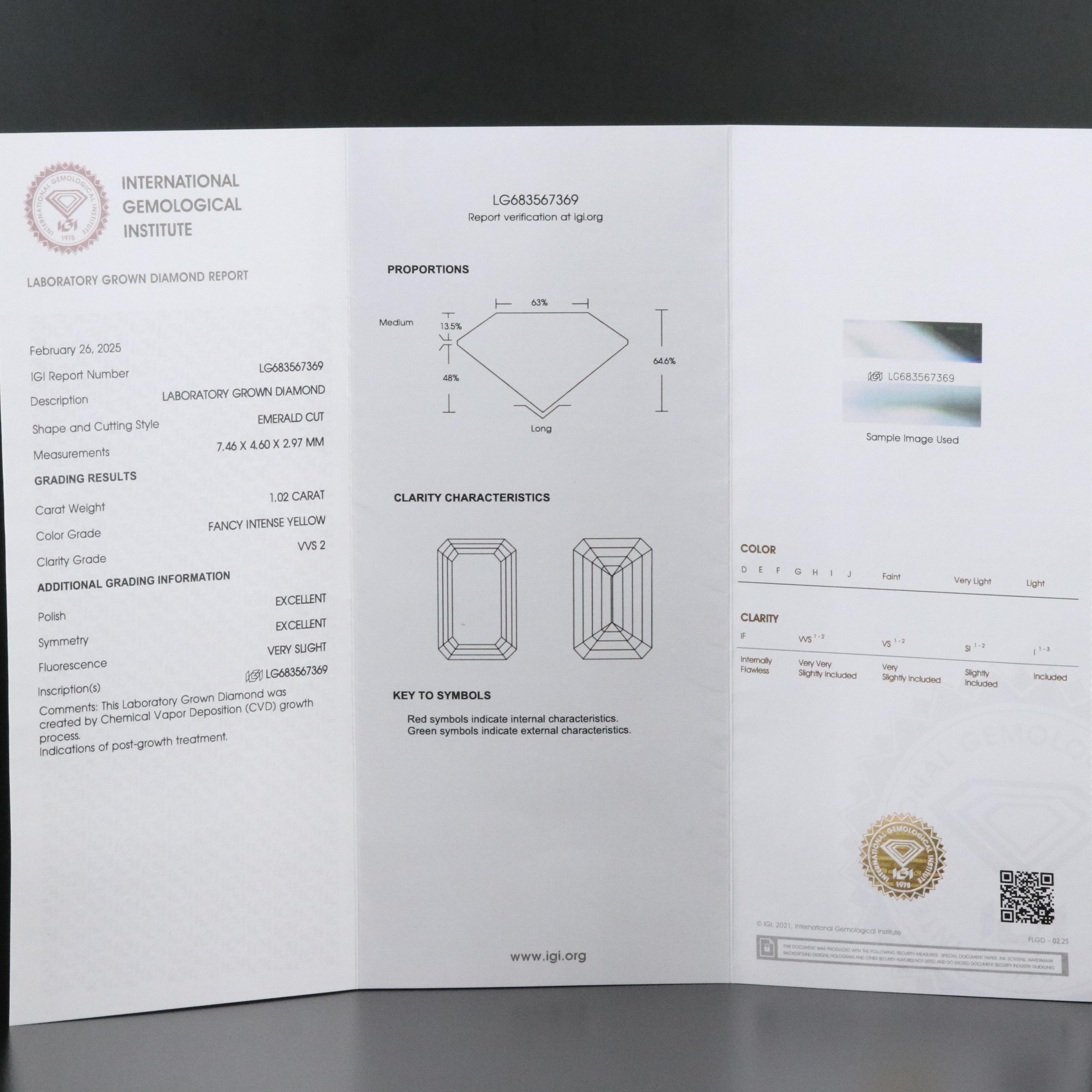 Loose 1.02 CT Lab Grown Fancy Yellow Diamond with IGI Report