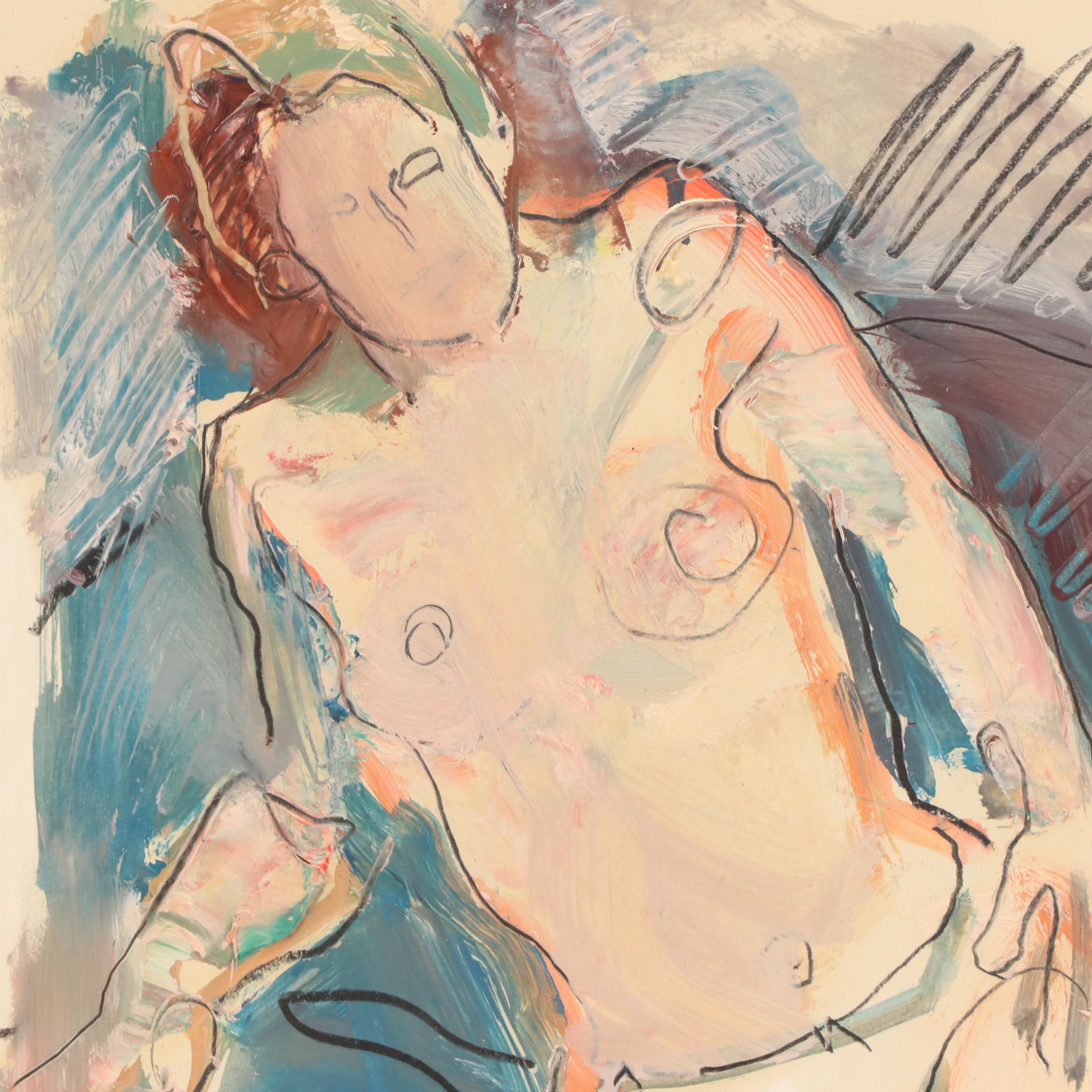 Jack Meanwell Abstract Mixed Media Drawing of Seated Figure, 1999