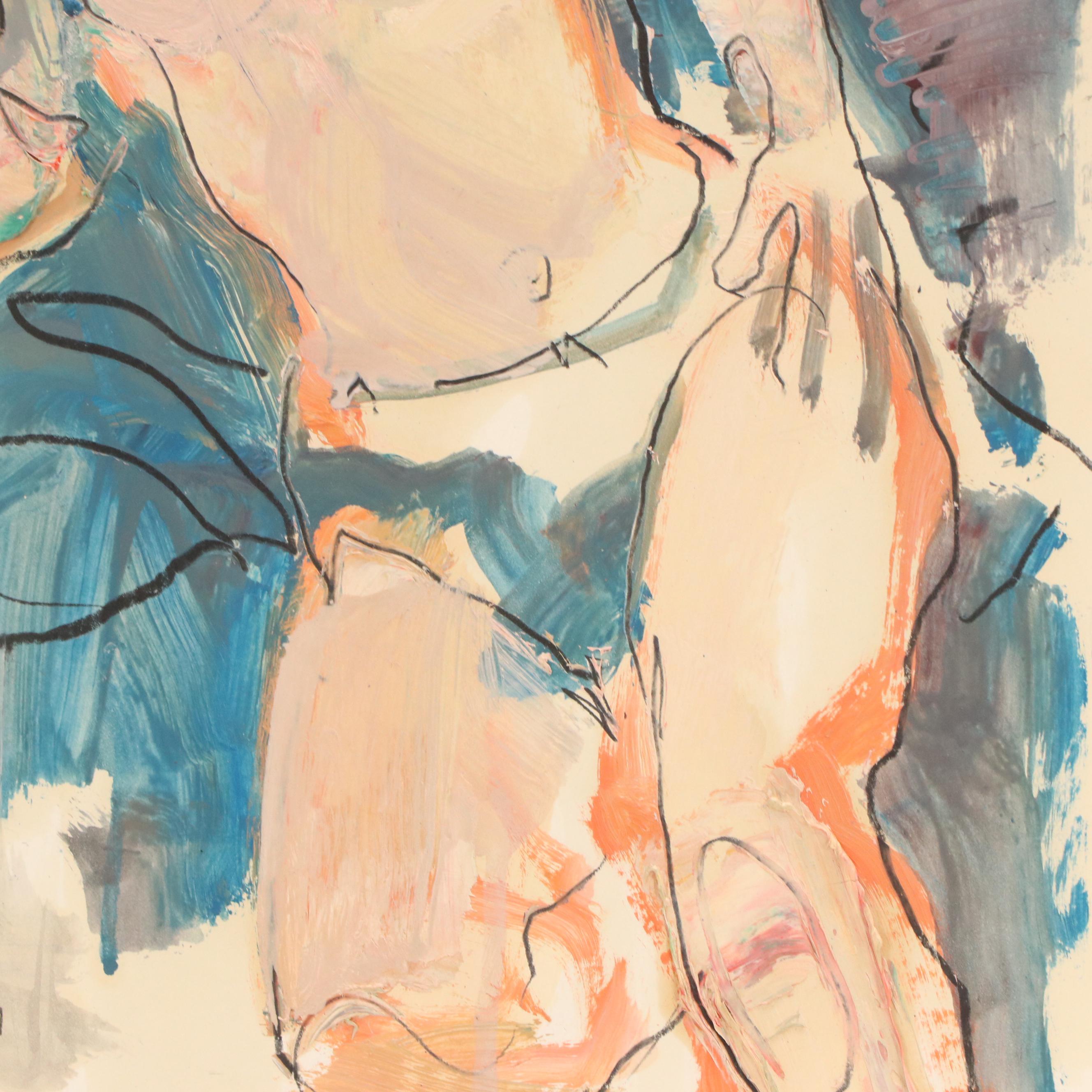 Jack Meanwell Abstract Mixed Media Drawing of Seated Figure, 1999