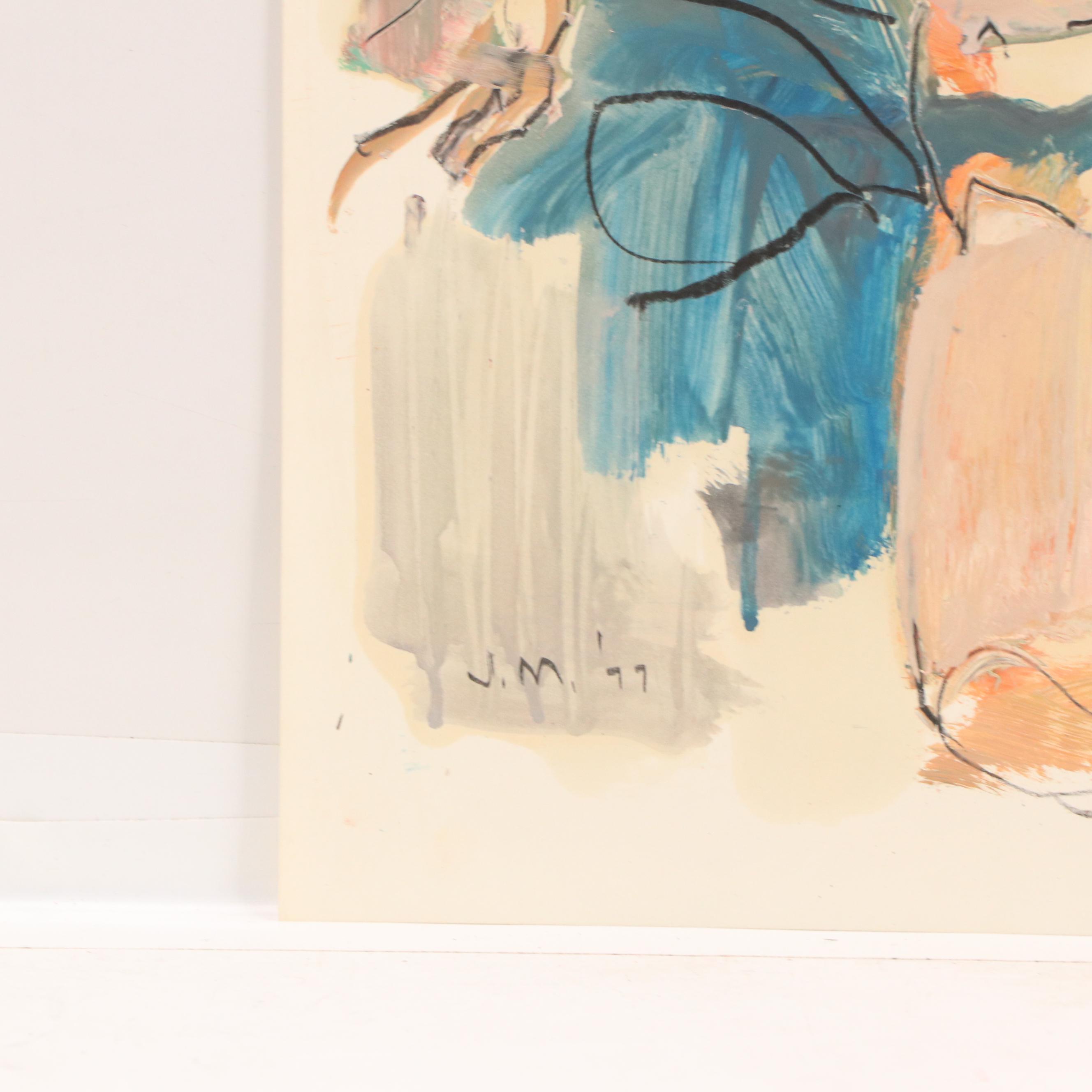 Jack Meanwell Abstract Mixed Media Drawing of Seated Figure, 1999