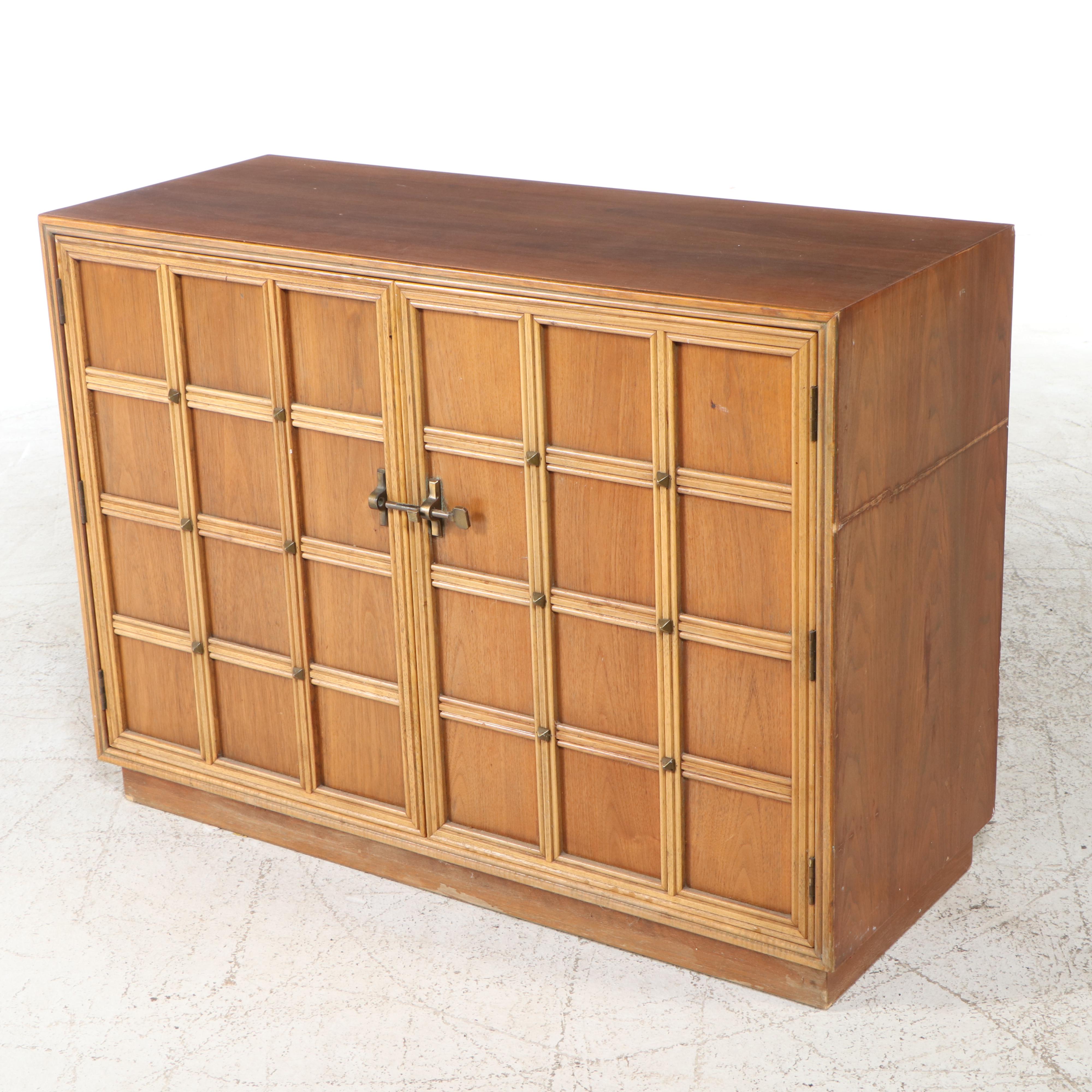 Mid Century Modern Studded Lattice-Front Walnut Cabinet