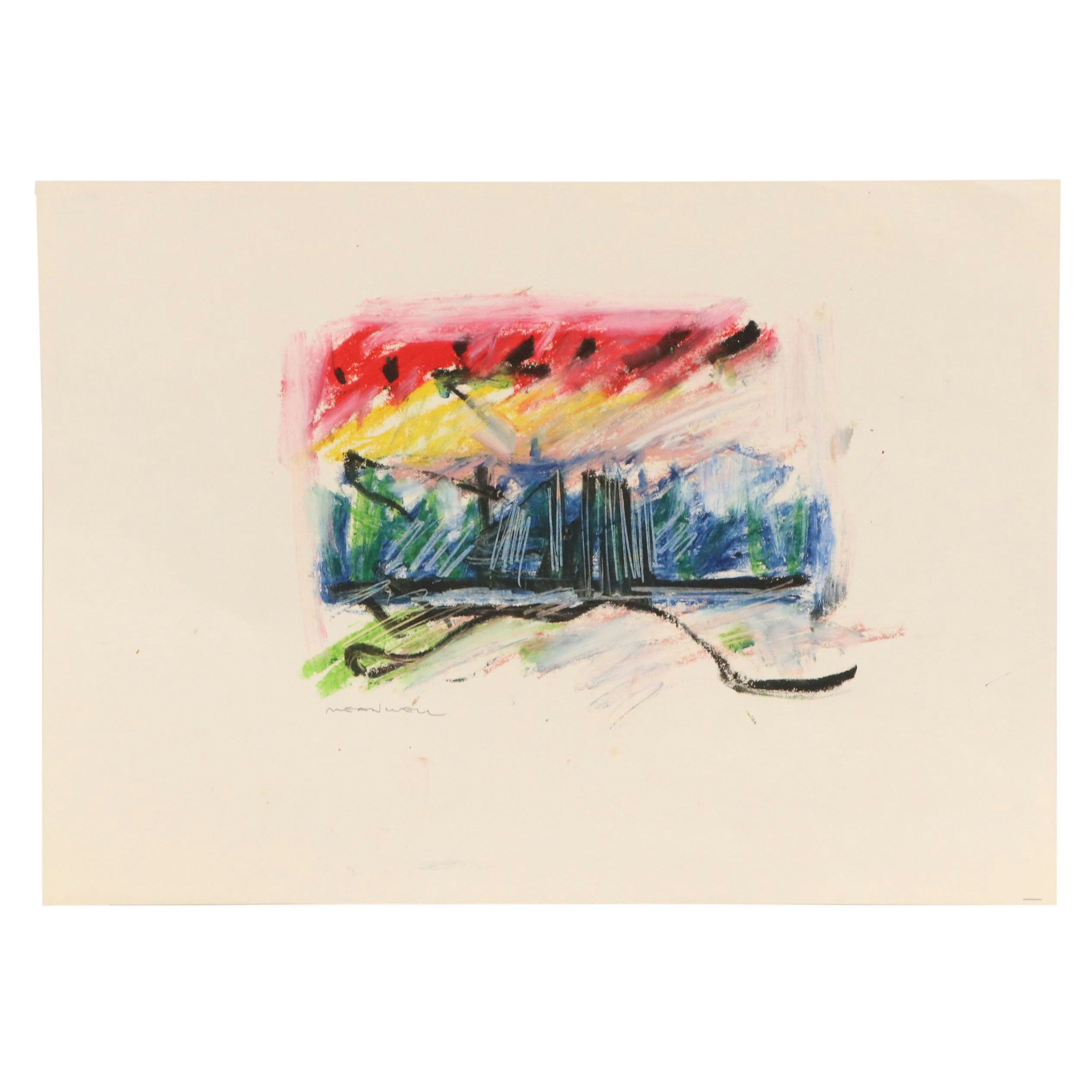 Jack Meanwell Landscape Oil Pastel Drawing, Late 20th Century