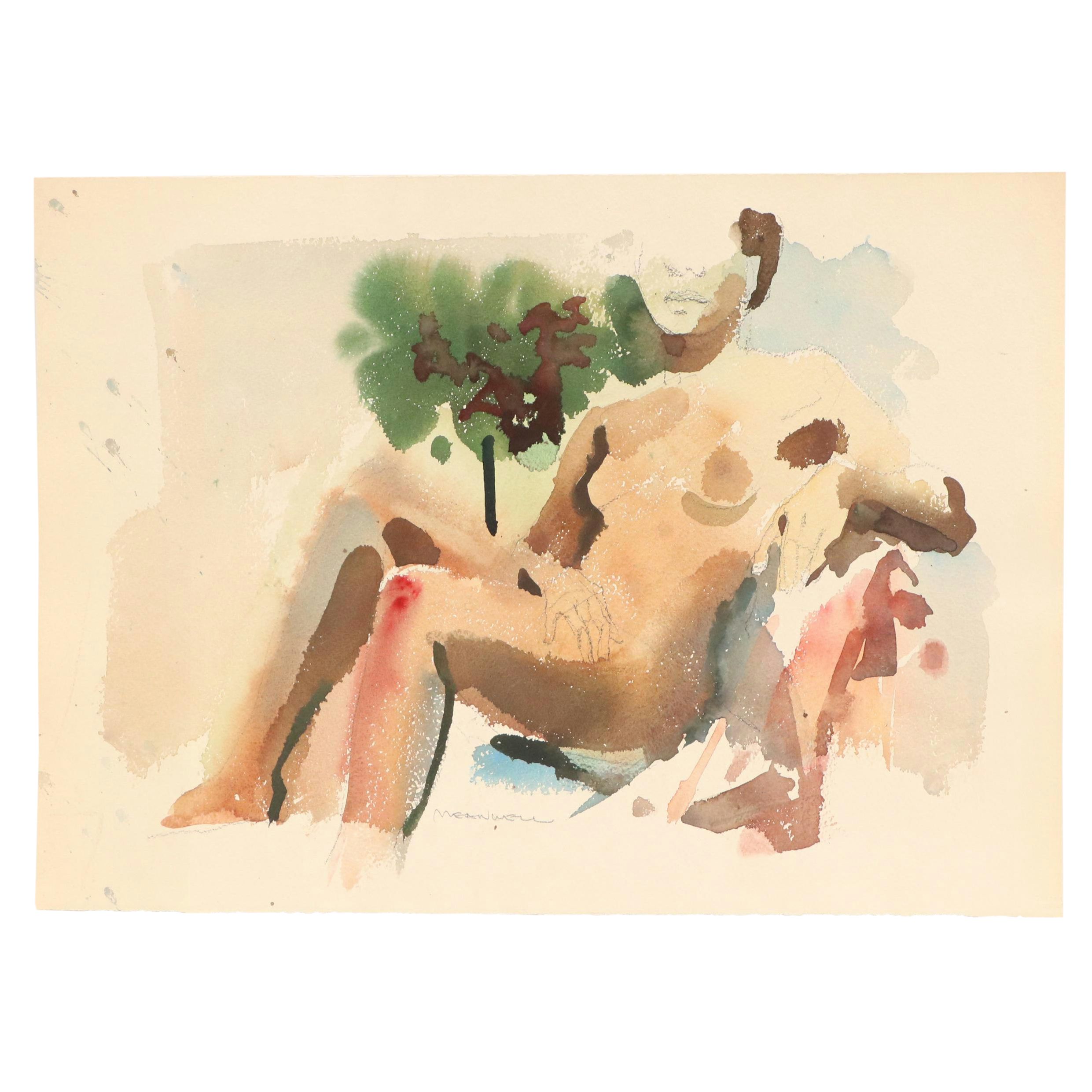 Jack Meanwell Abstract Watercolor Painting of Seated Figure, Late 20th Century