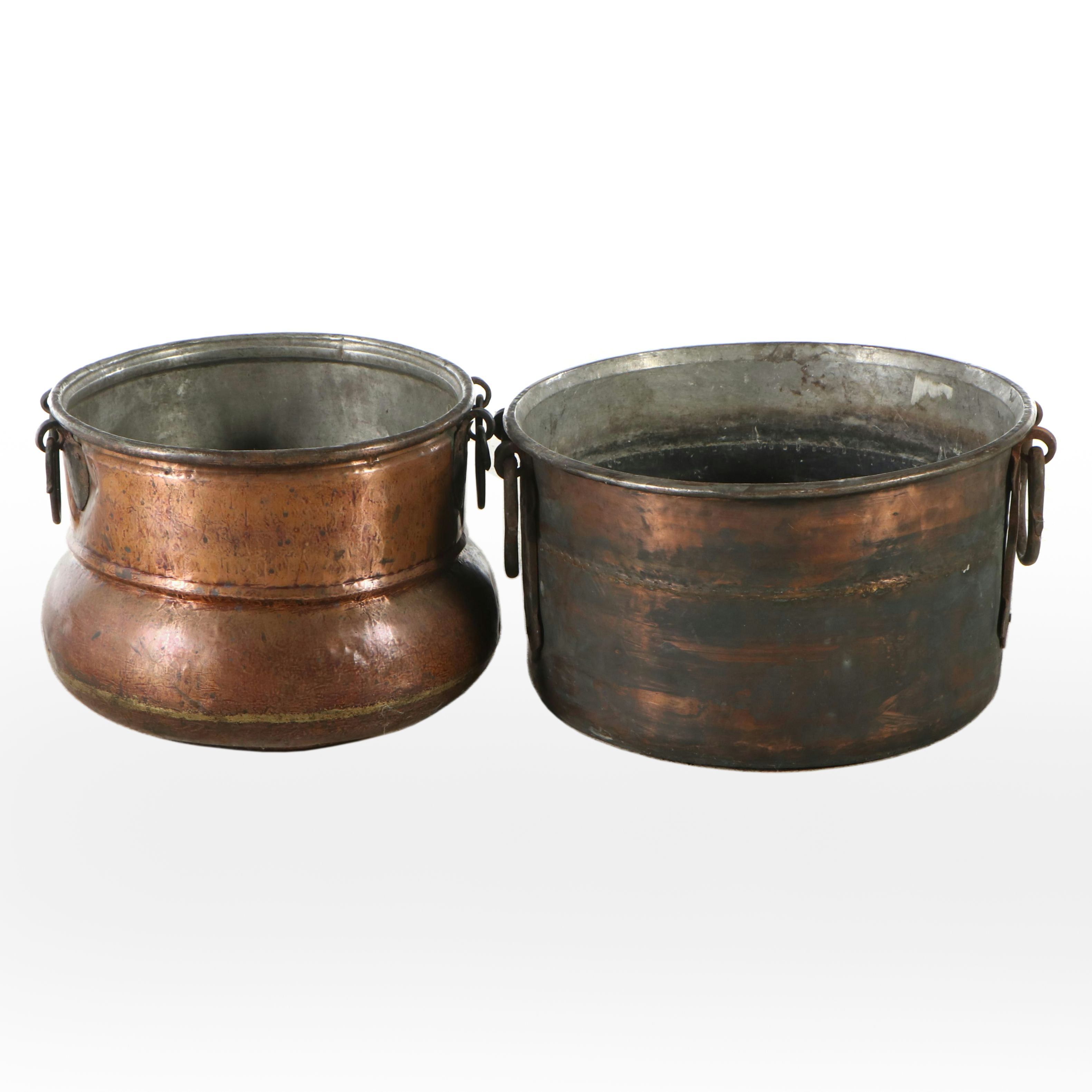 Continental Europe Hammered Tin Lined Copper Cauldrons