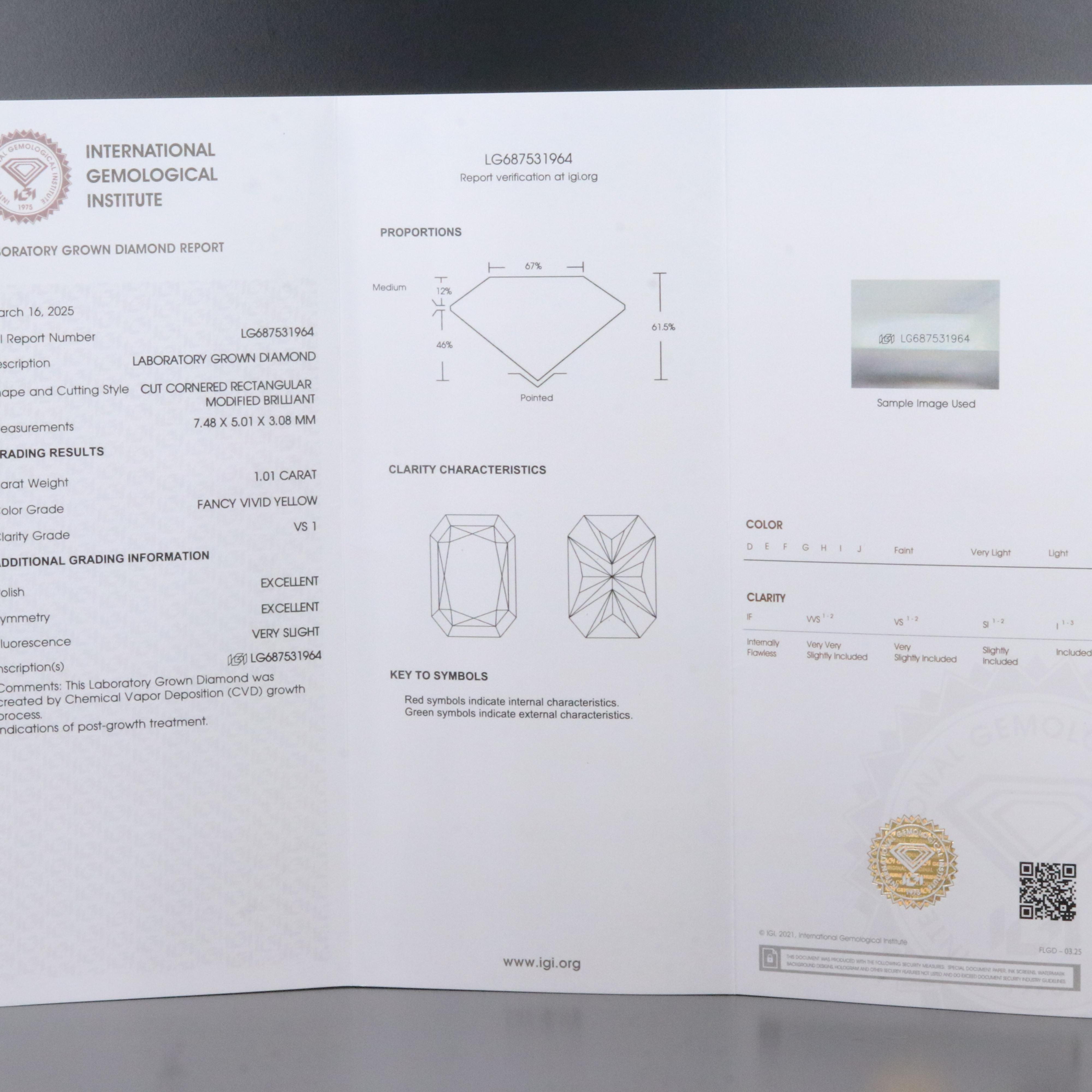 Loose 1.01 CT Lab Grown Fancy Yellow Diamond with IGI Report