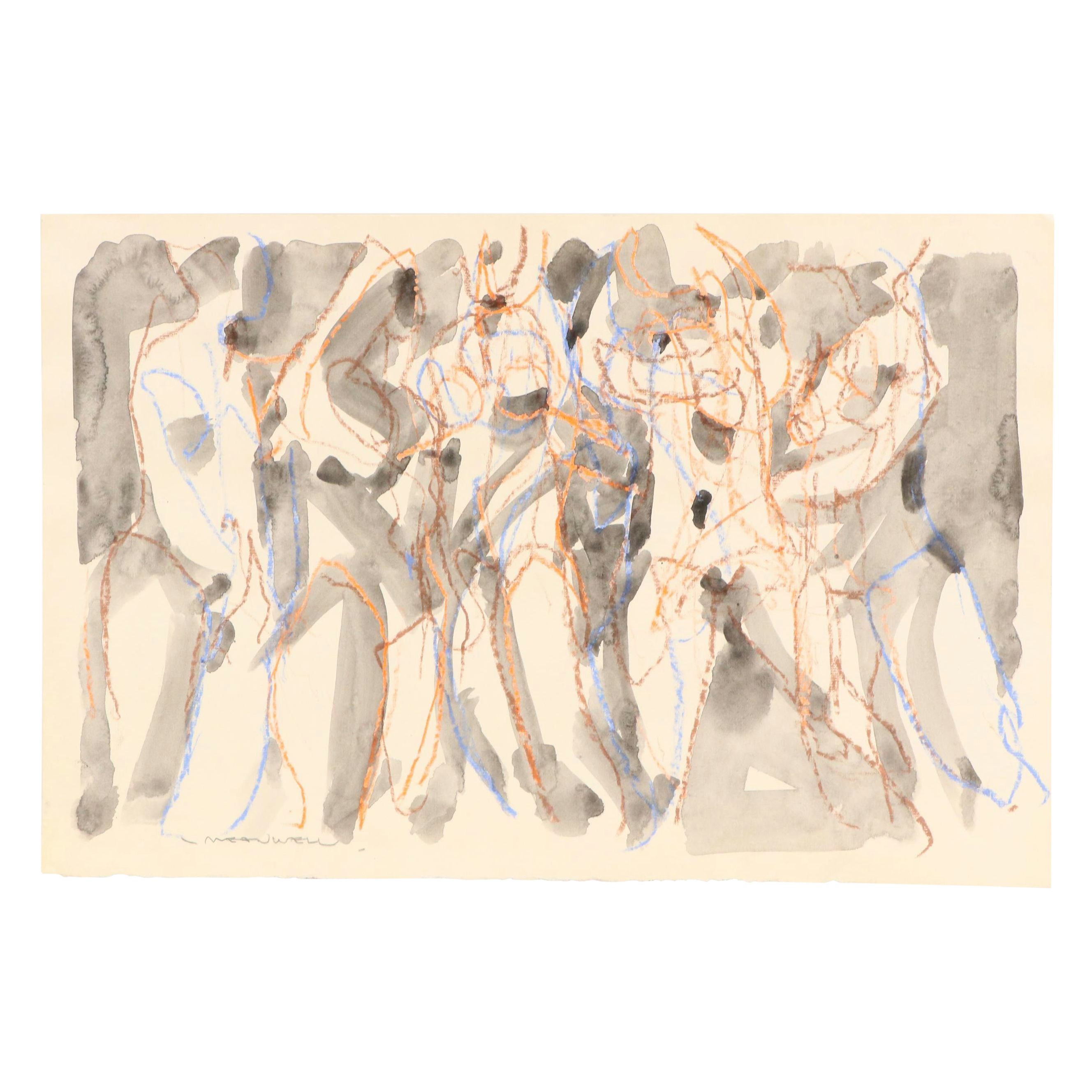 Jack Meanwell Abstract Mixed Media Drawing of Standing Figures, Late 20th C.