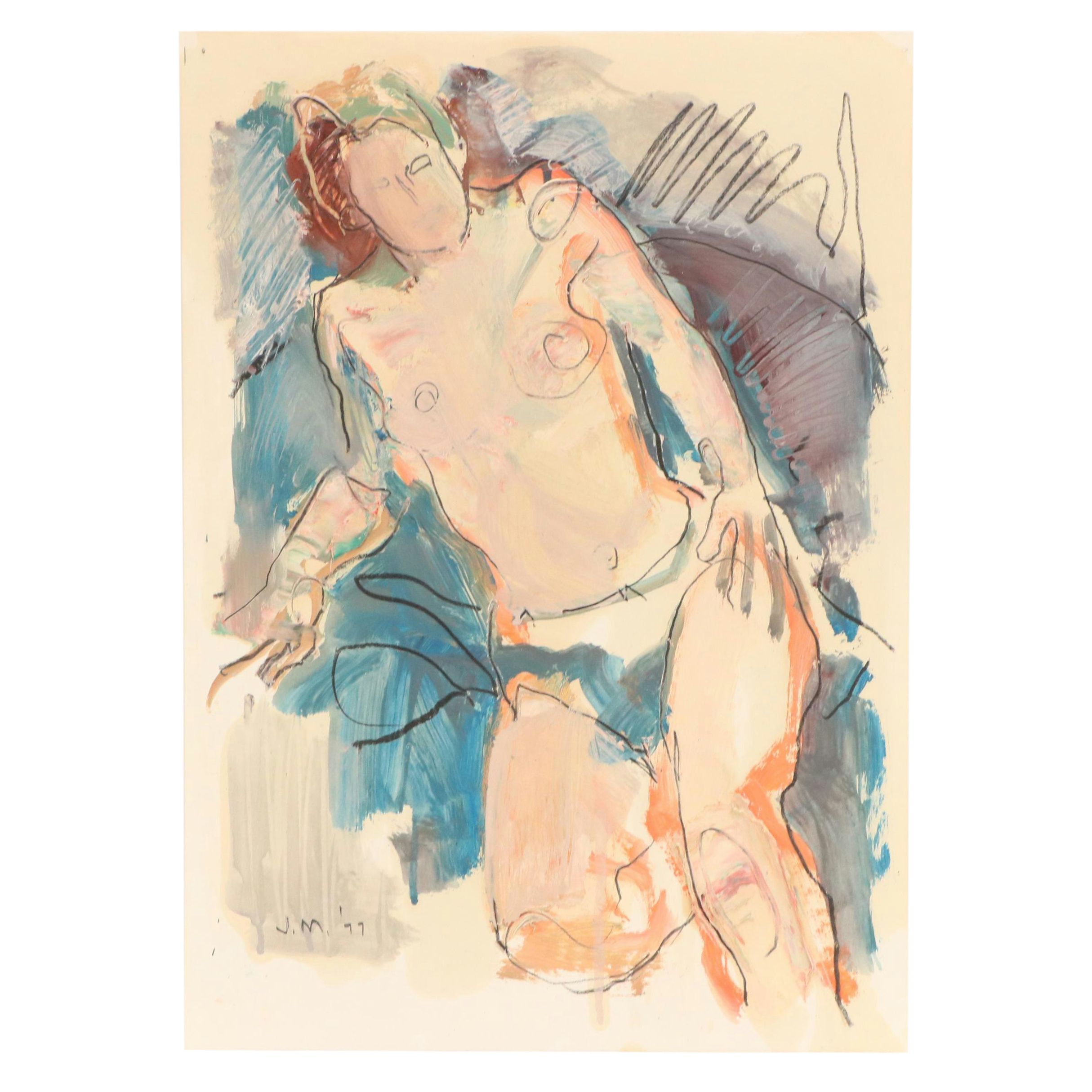 Jack Meanwell Abstract Mixed Media Drawing of Seated Figure, 1999