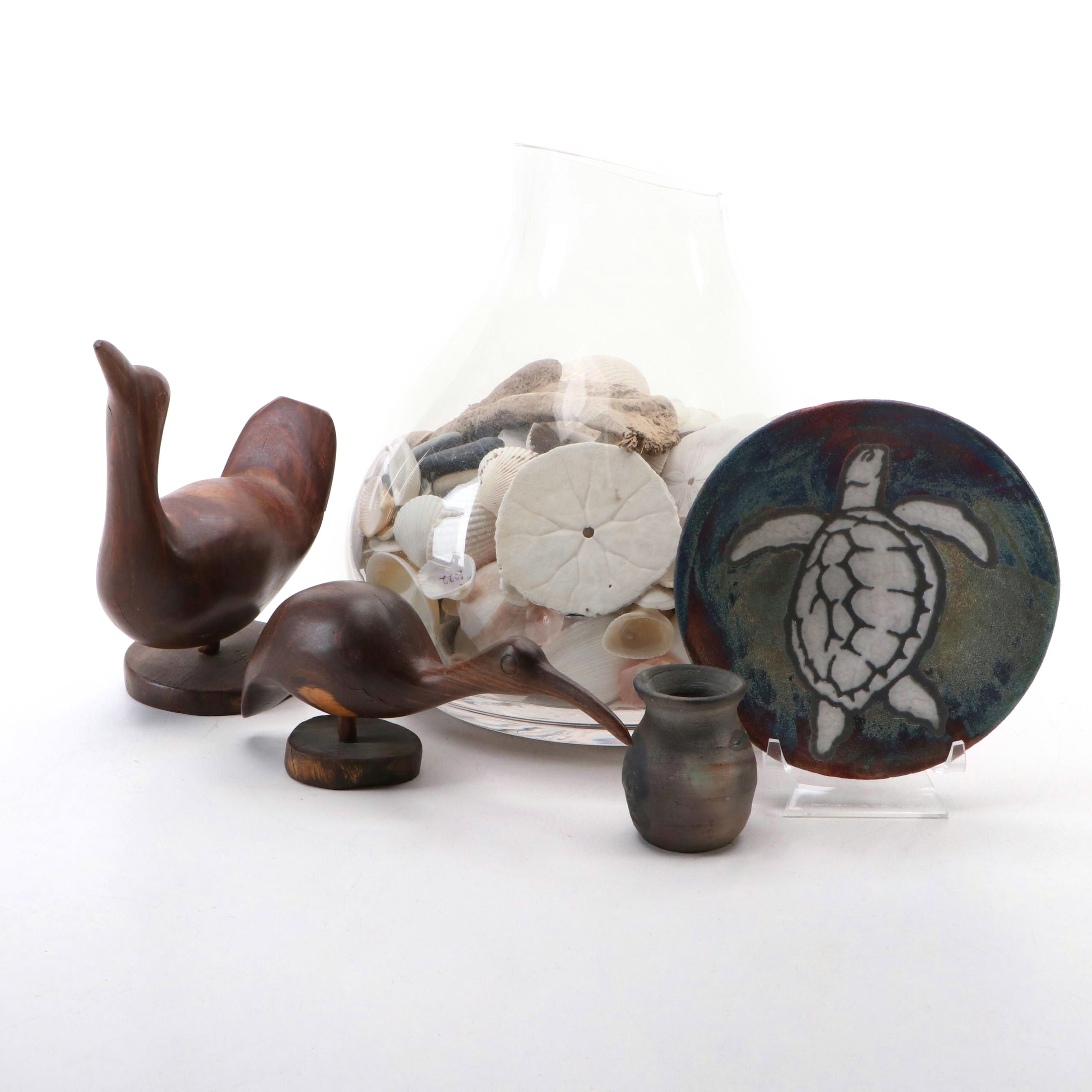 Carved Shorebirds, Seashell Collection with Earthenware Art Pottery Plate, Vase