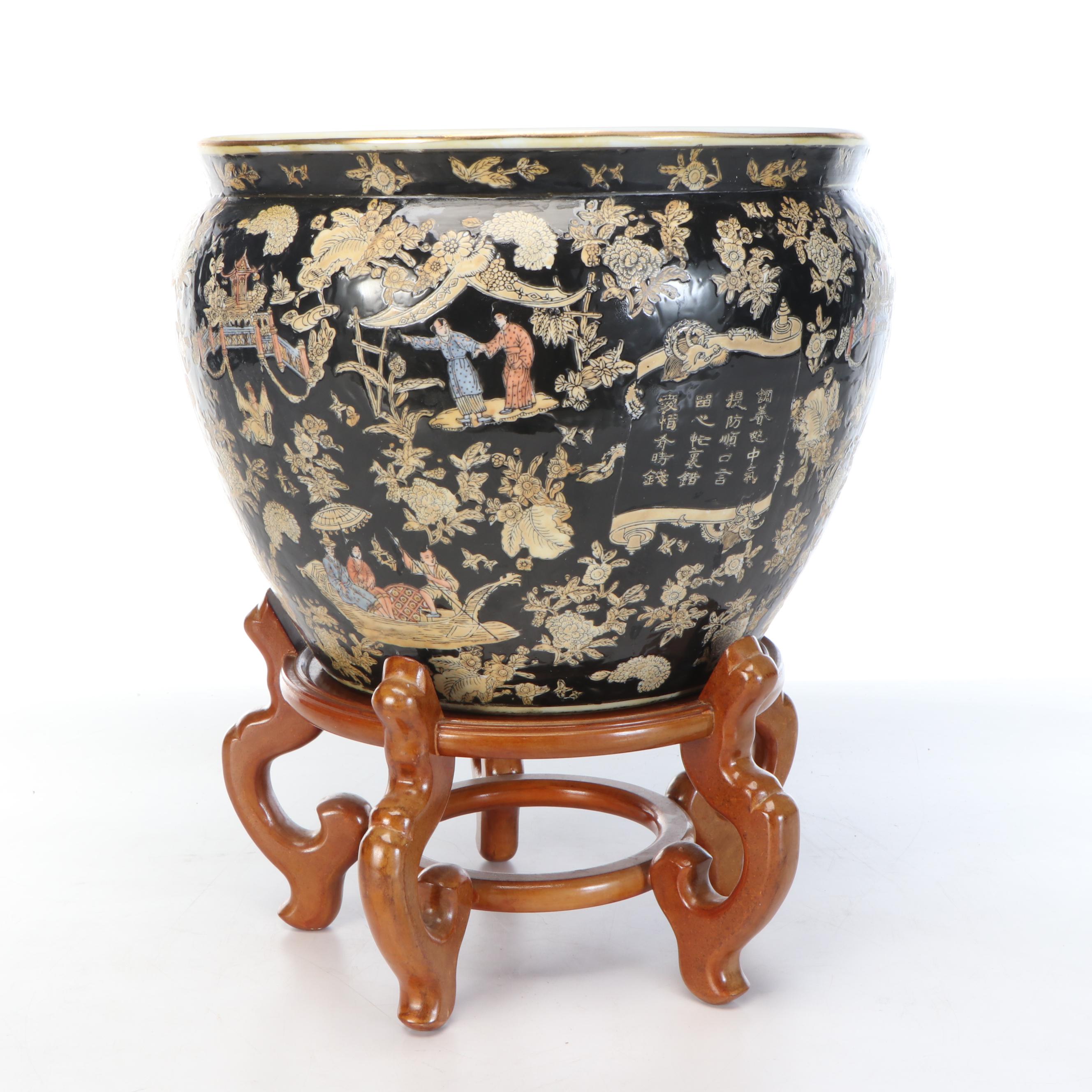 Chinese Famille Noir Porcelain Fishbowl Planter with Wood Stand