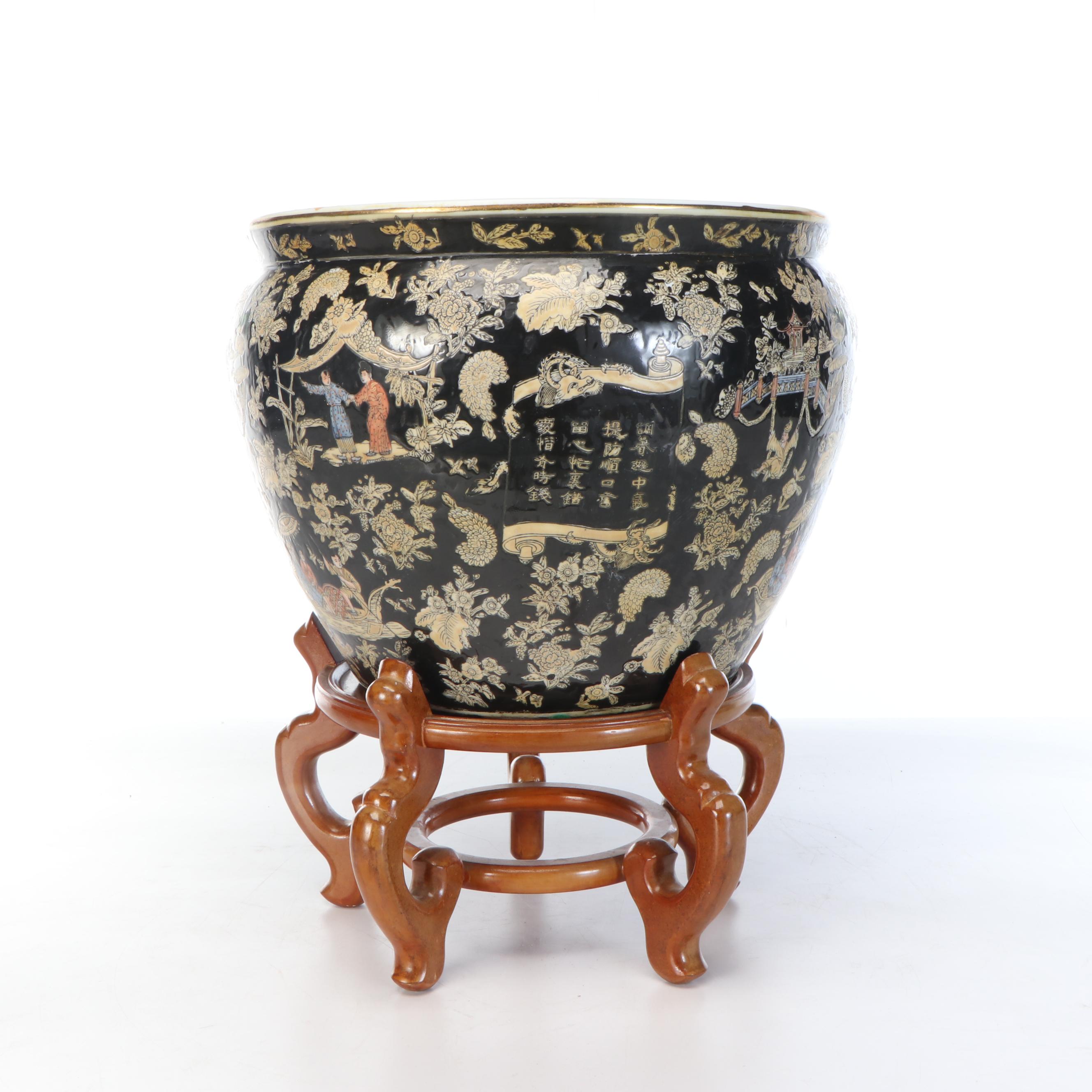 Chinese Famille Noir Porcelain Fishbowl Planter with Wood Stand