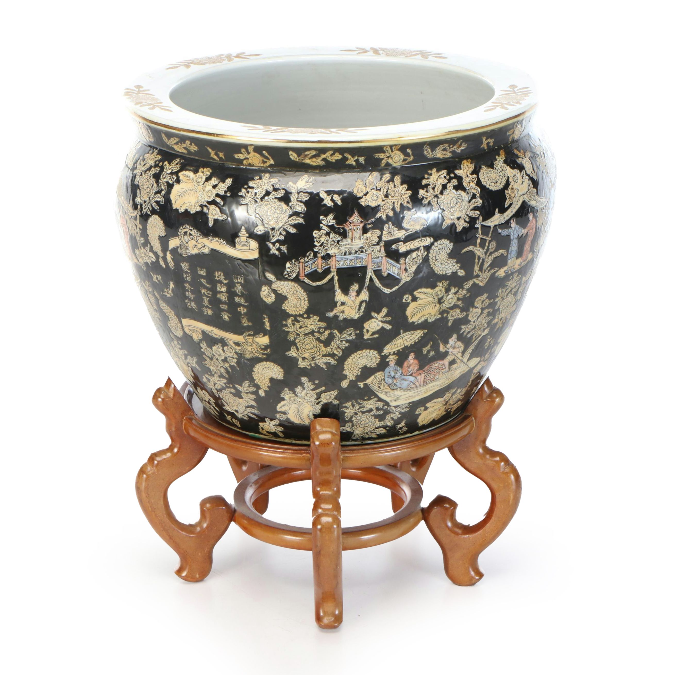 Chinese Famille Noir Porcelain Fishbowl Planter with Wood Stand