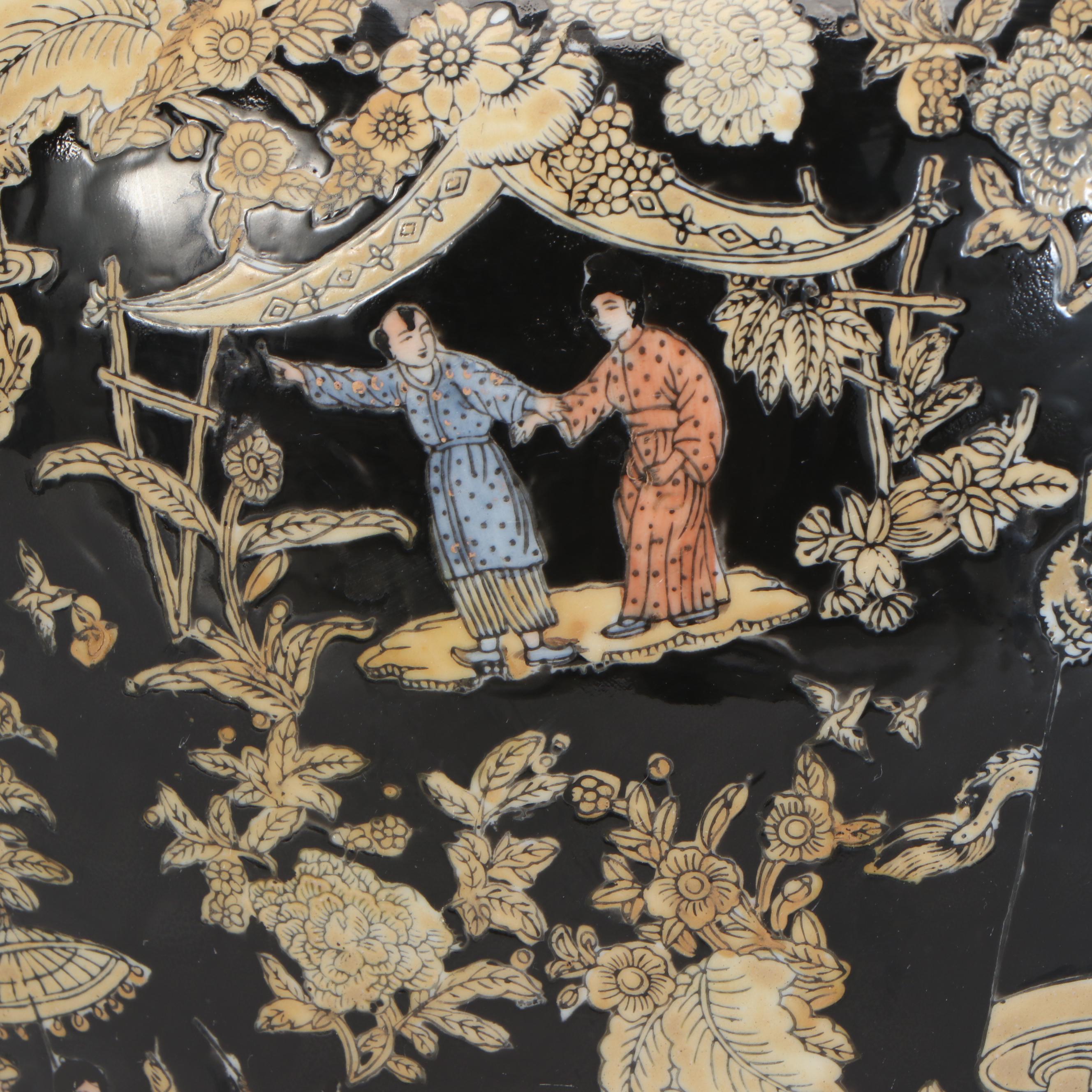 Chinese Famille Noir Porcelain Fishbowl Planter with Wood Stand