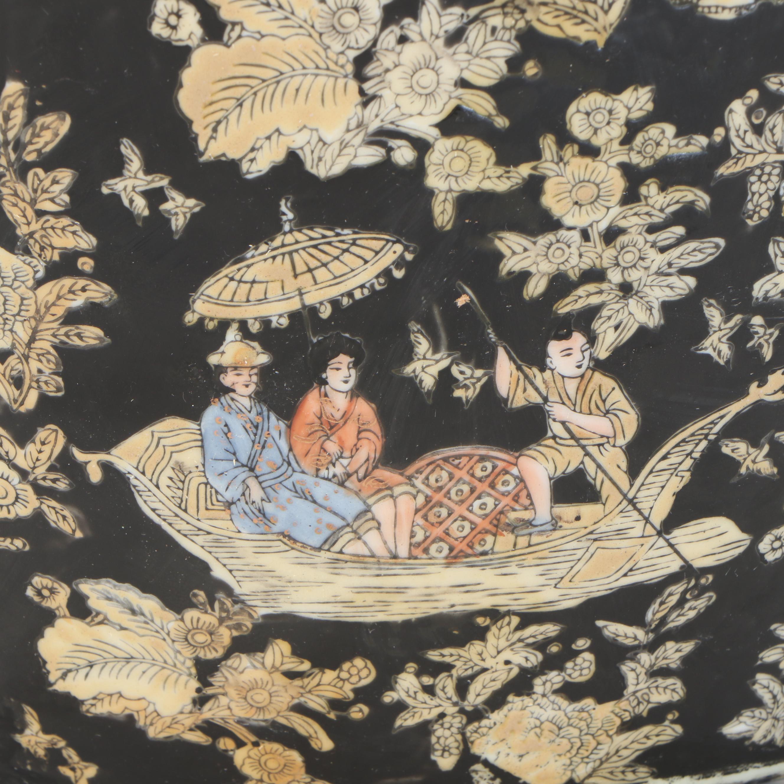 Chinese Famille Noir Porcelain Fishbowl Planter with Wood Stand