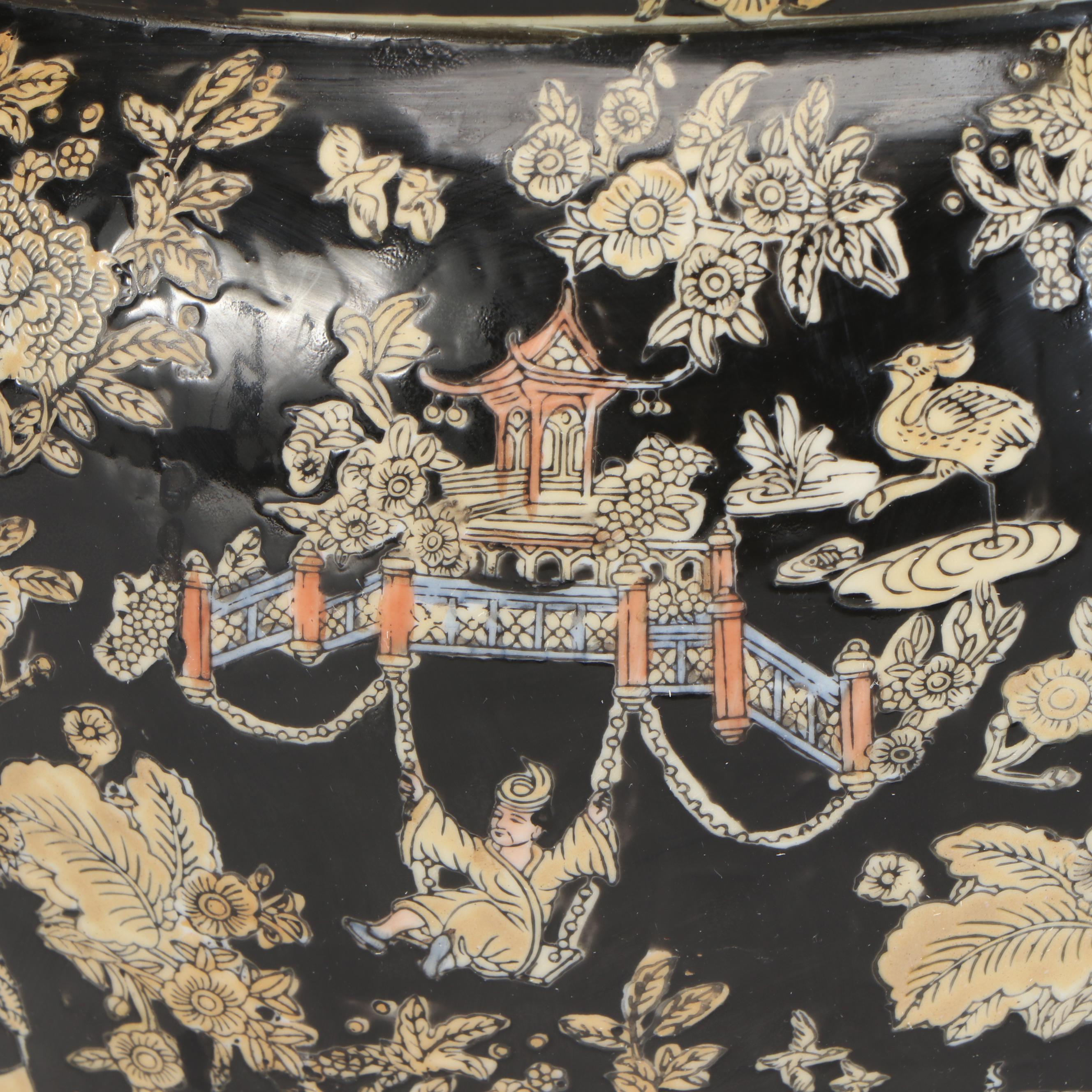 Chinese Famille Noir Porcelain Fishbowl Planter with Wood Stand