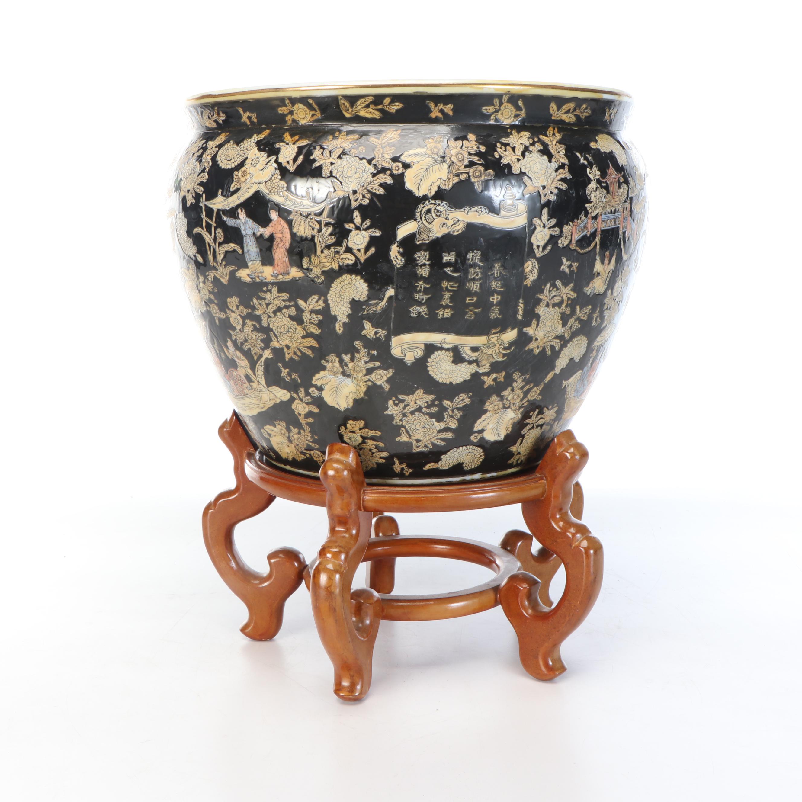 Chinese Famille Noir Porcelain Fishbowl Planter with Wood Stand