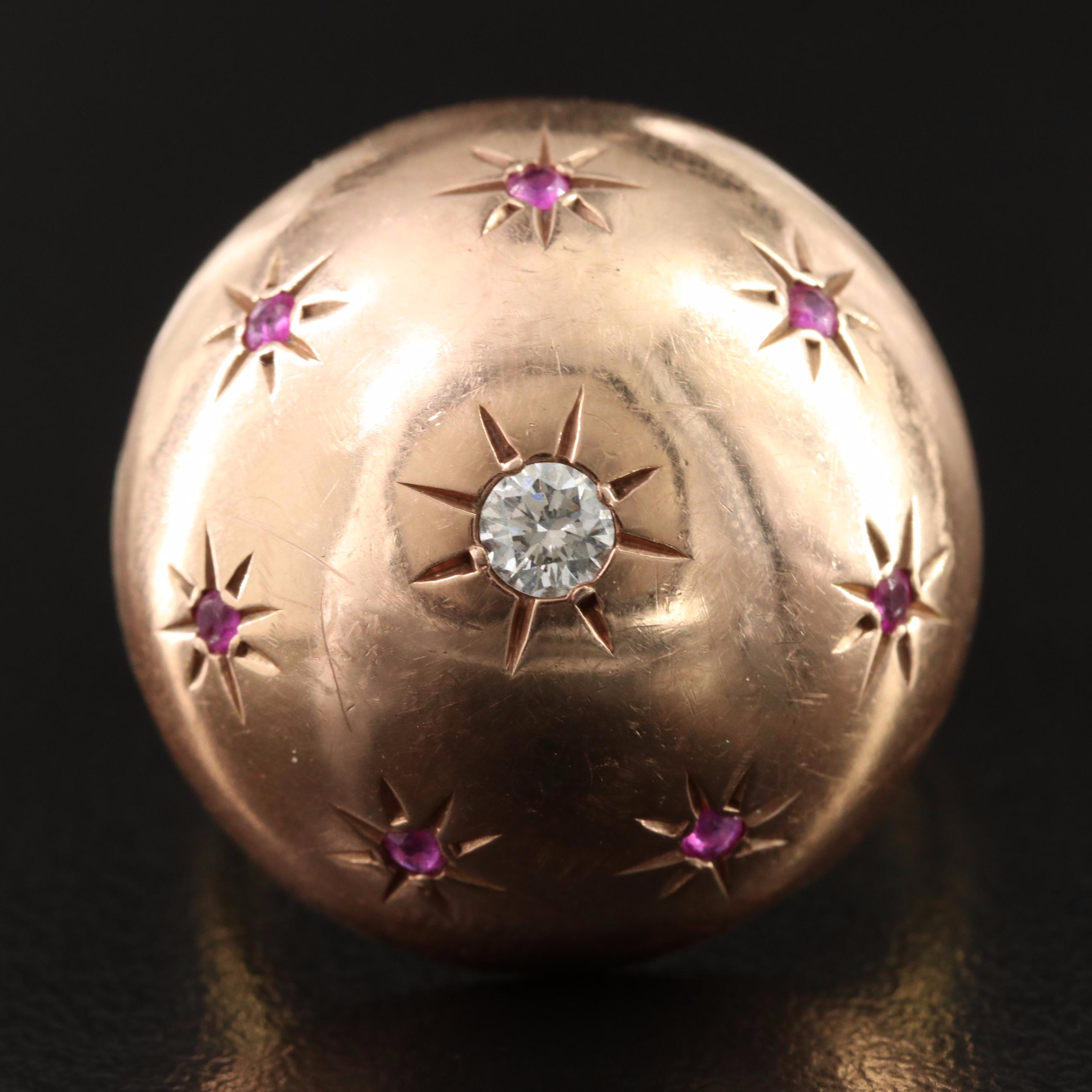 Retro 14K Rose Gold and 18K 0.17 CT Diamond and Ruby Dome Ring