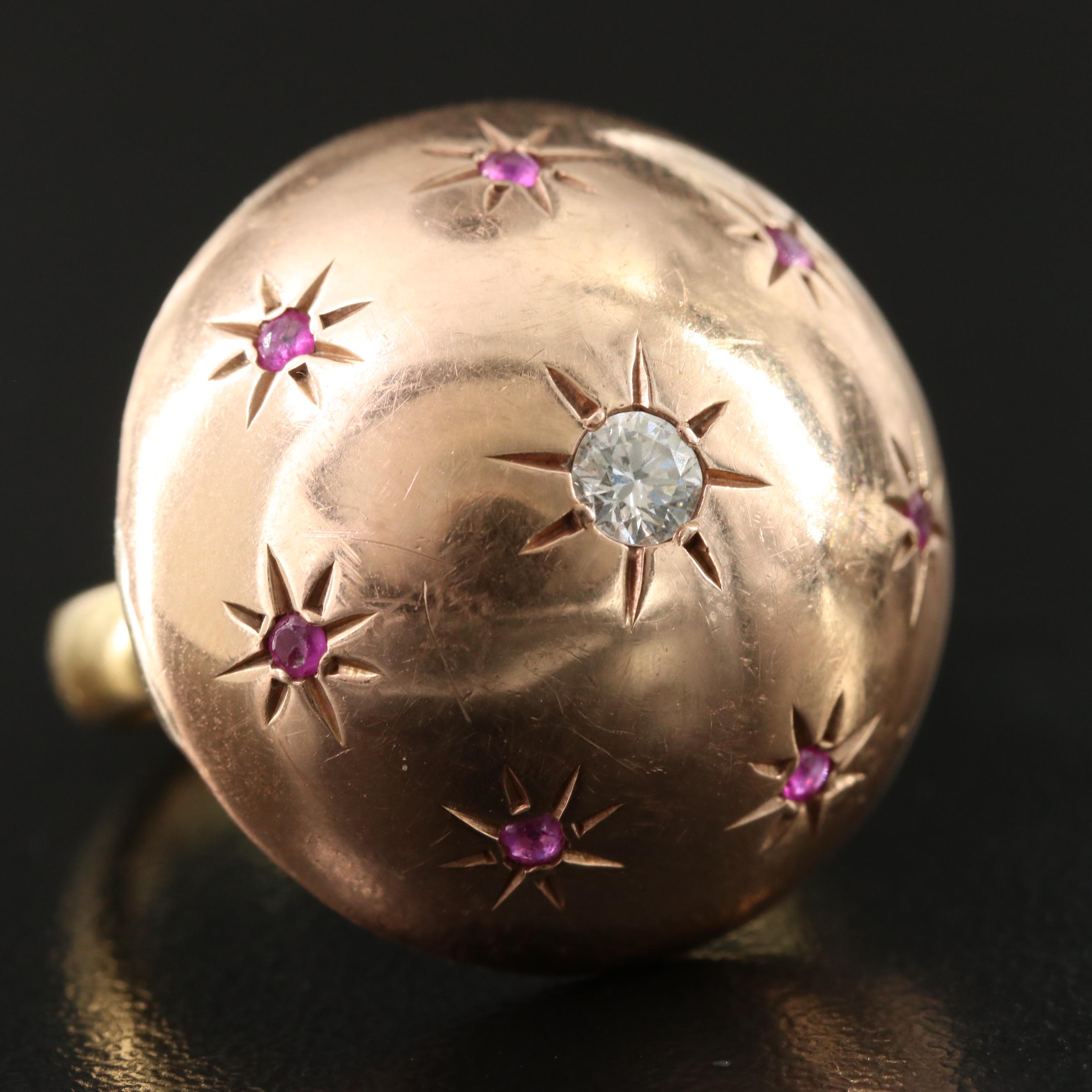 Retro 14K Rose Gold and 18K 0.17 CT Diamond and Ruby Dome Ring