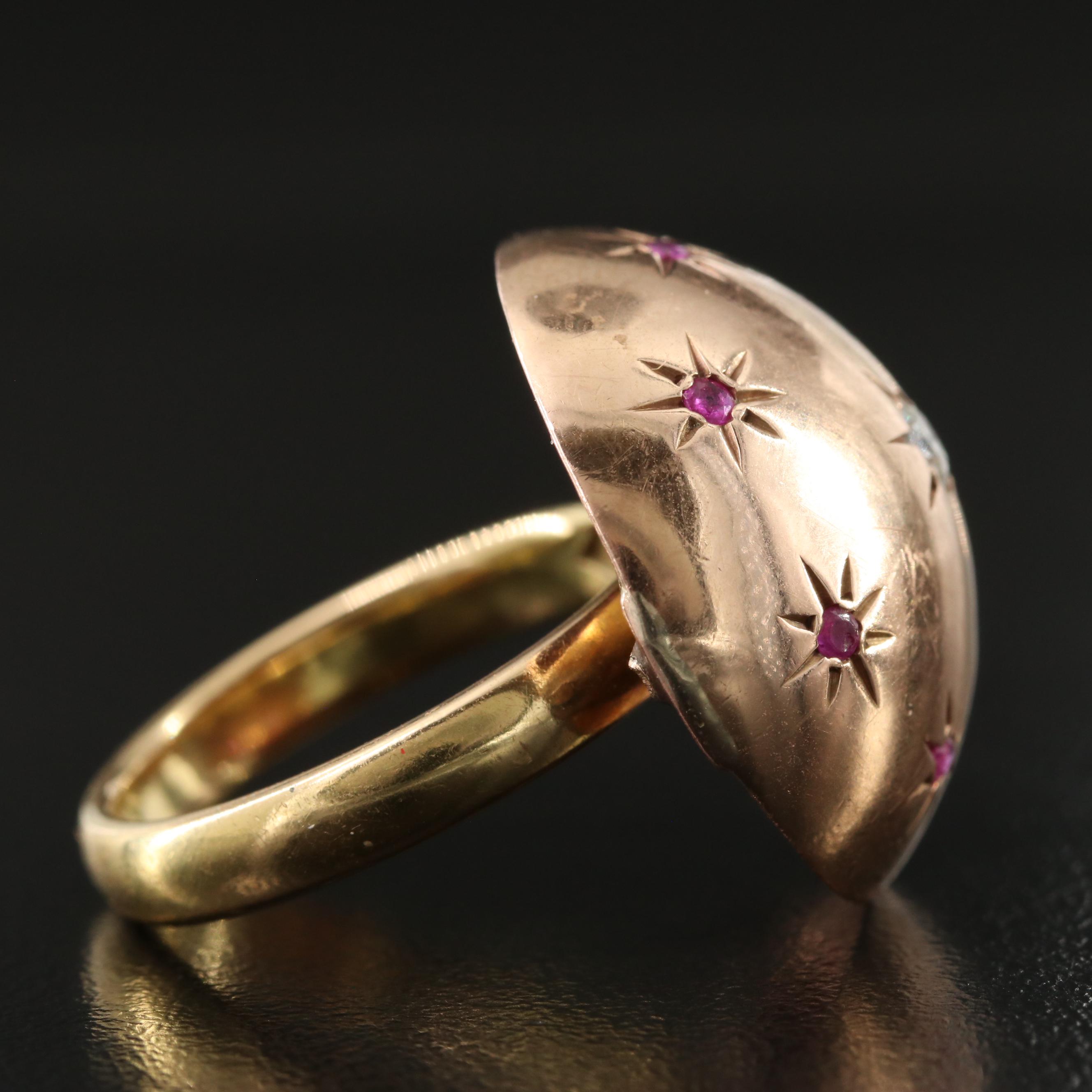 Retro 14K Rose Gold and 18K 0.17 CT Diamond and Ruby Dome Ring