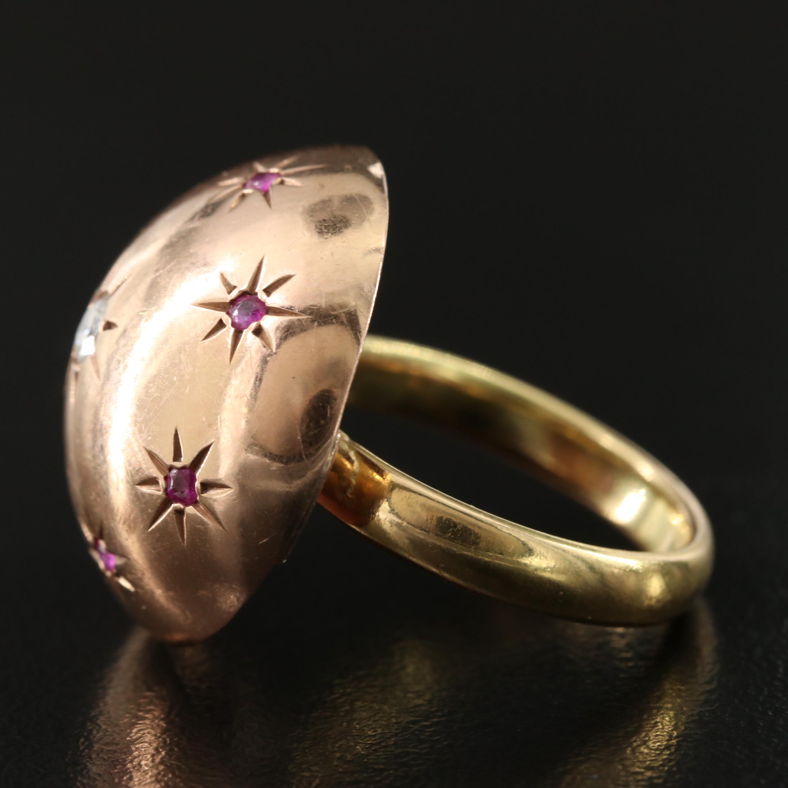 Retro 14K Rose Gold and 18K 0.17 CT Diamond and Ruby Dome Ring