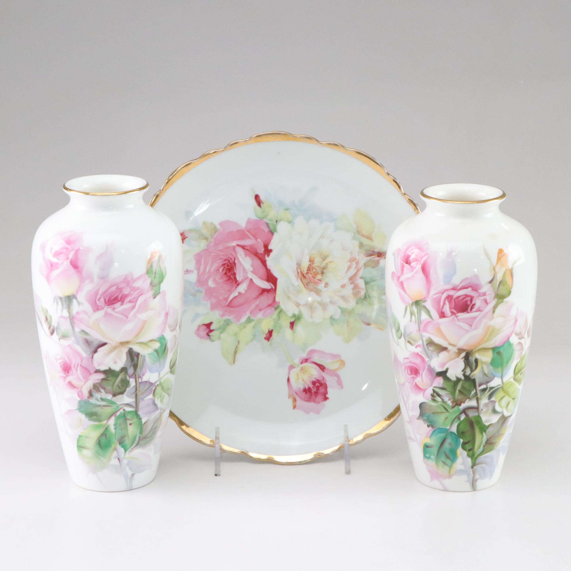 Noritake Gilt Trim Vases & Plate with Floral Motif