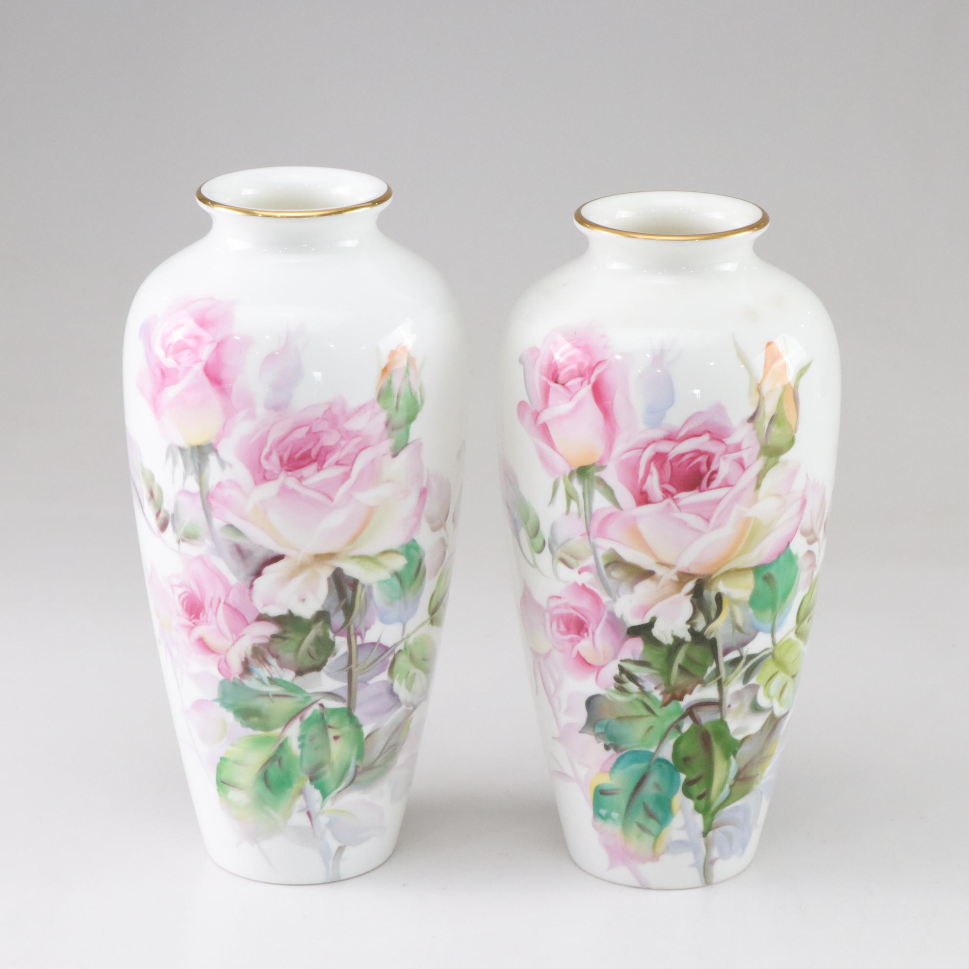 Noritake Gilt Trim Vases & Plate with Floral Motif