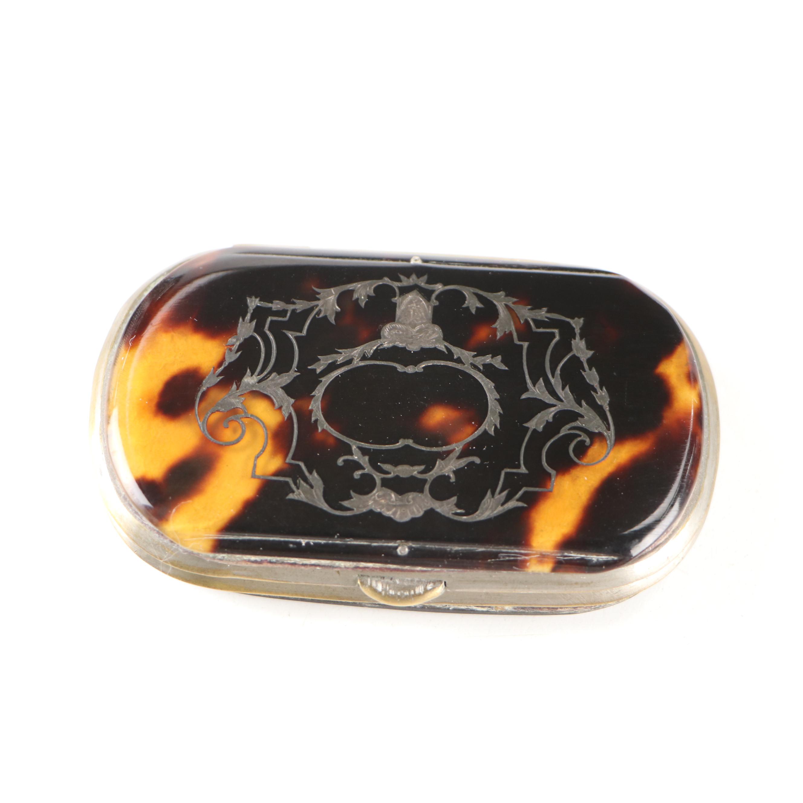 Victorian Sterling Silver Inlay Tortoise Shell Coin Purse with Snuff Box