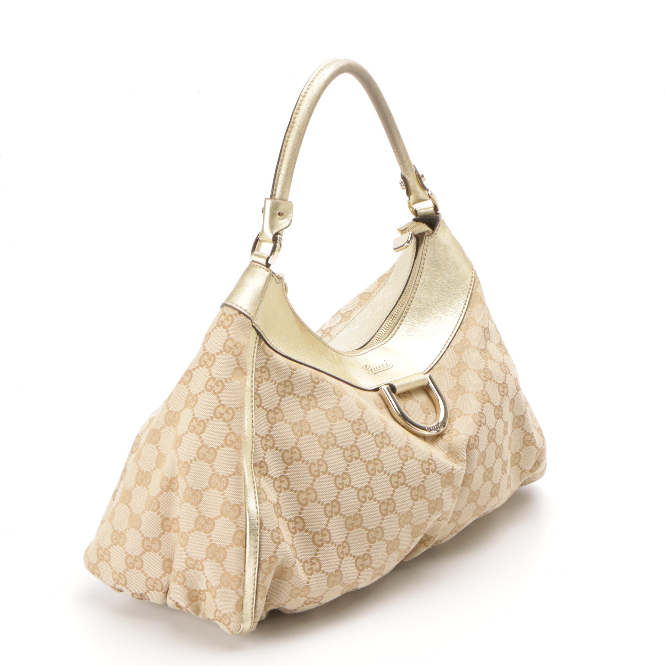 Gucci Abbey D-Ring Shoulder Bag in Beige GG Canvas and Metallic Gold Leather