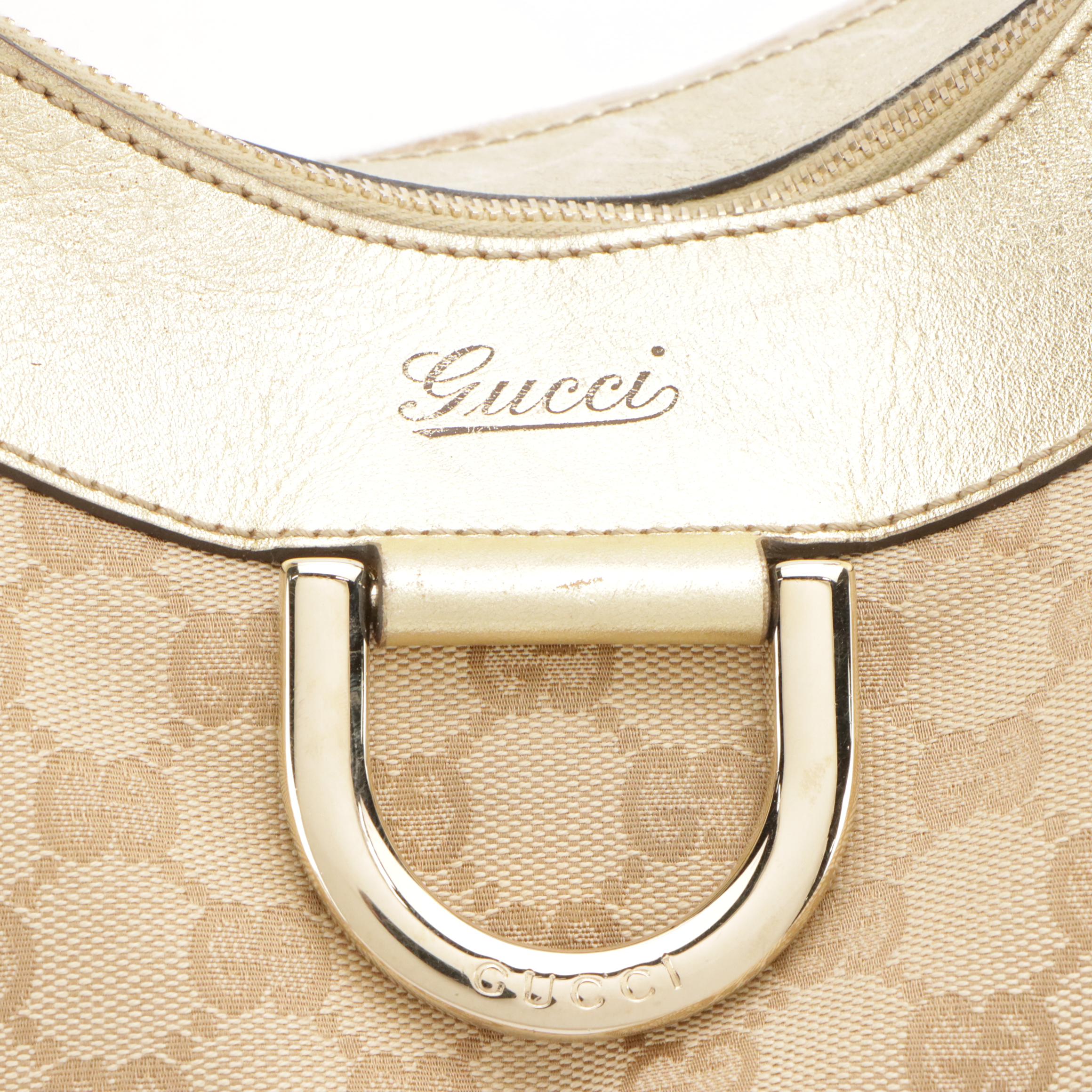 Gucci Abbey D-Ring Shoulder Bag in Beige GG Canvas and Metallic Gold Leather
