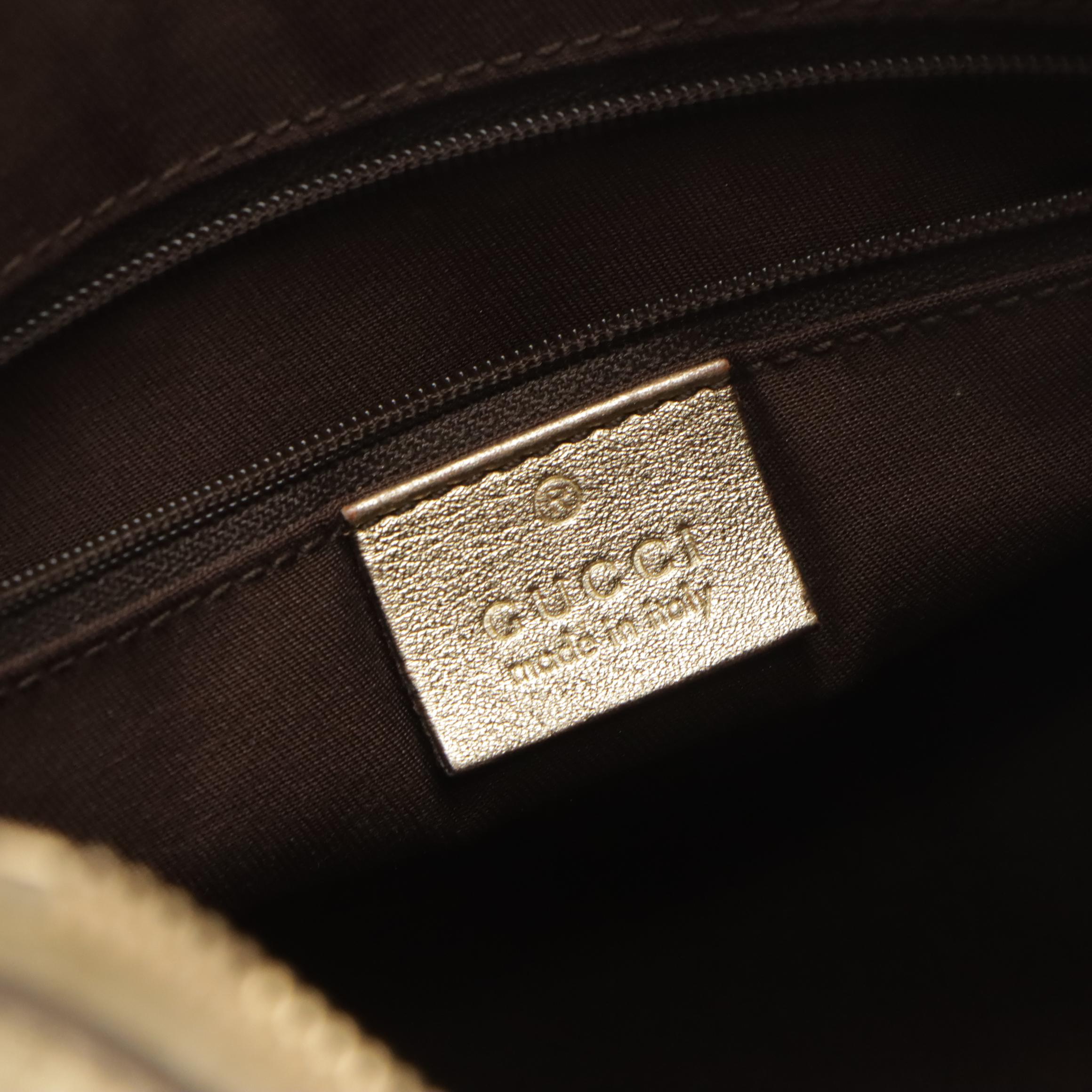 Gucci Abbey D-Ring Shoulder Bag in Beige GG Canvas and Metallic Gold Leather