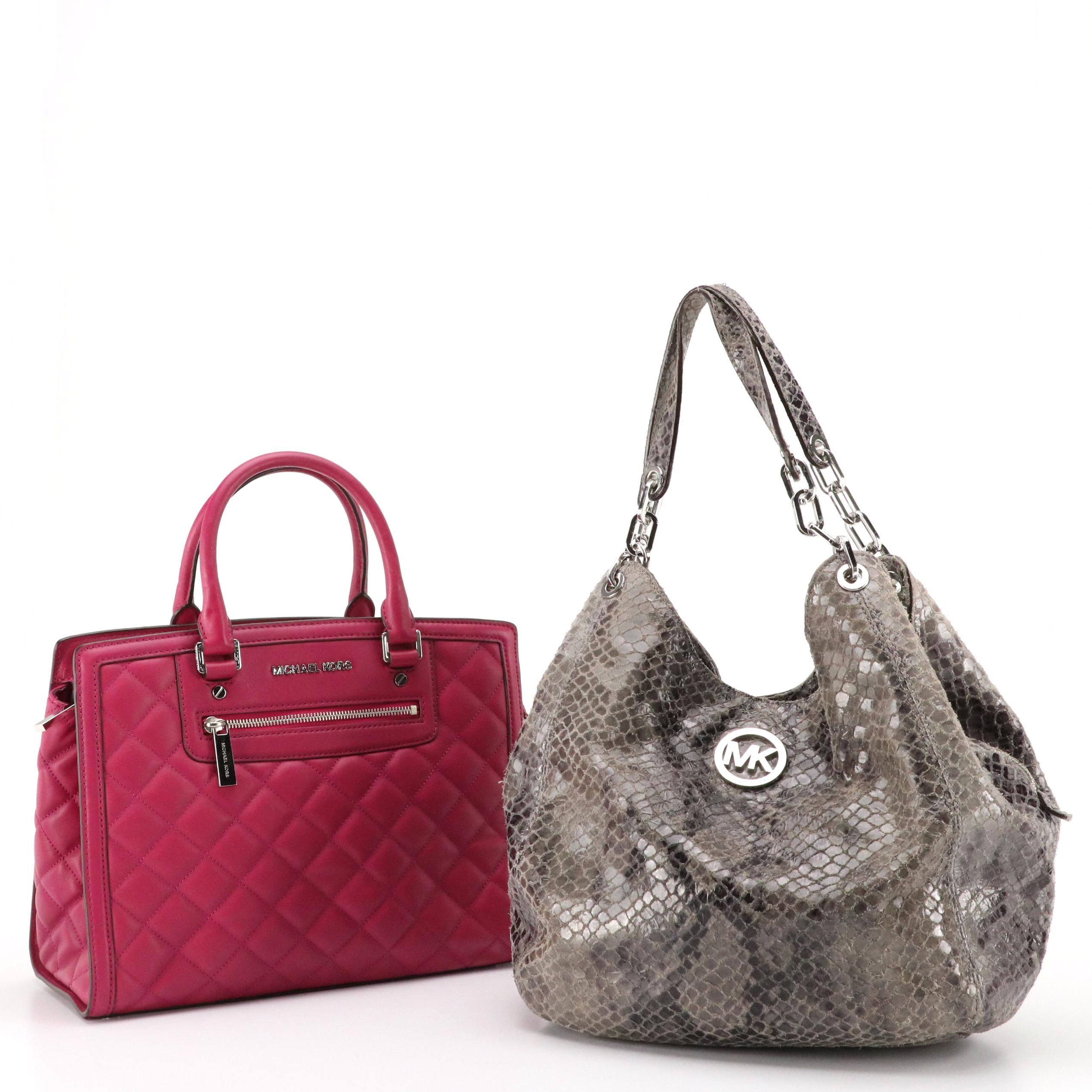 Michael Kors Quilted Magenta Leather Selma Satchel and Fulton Python Hobo Bag