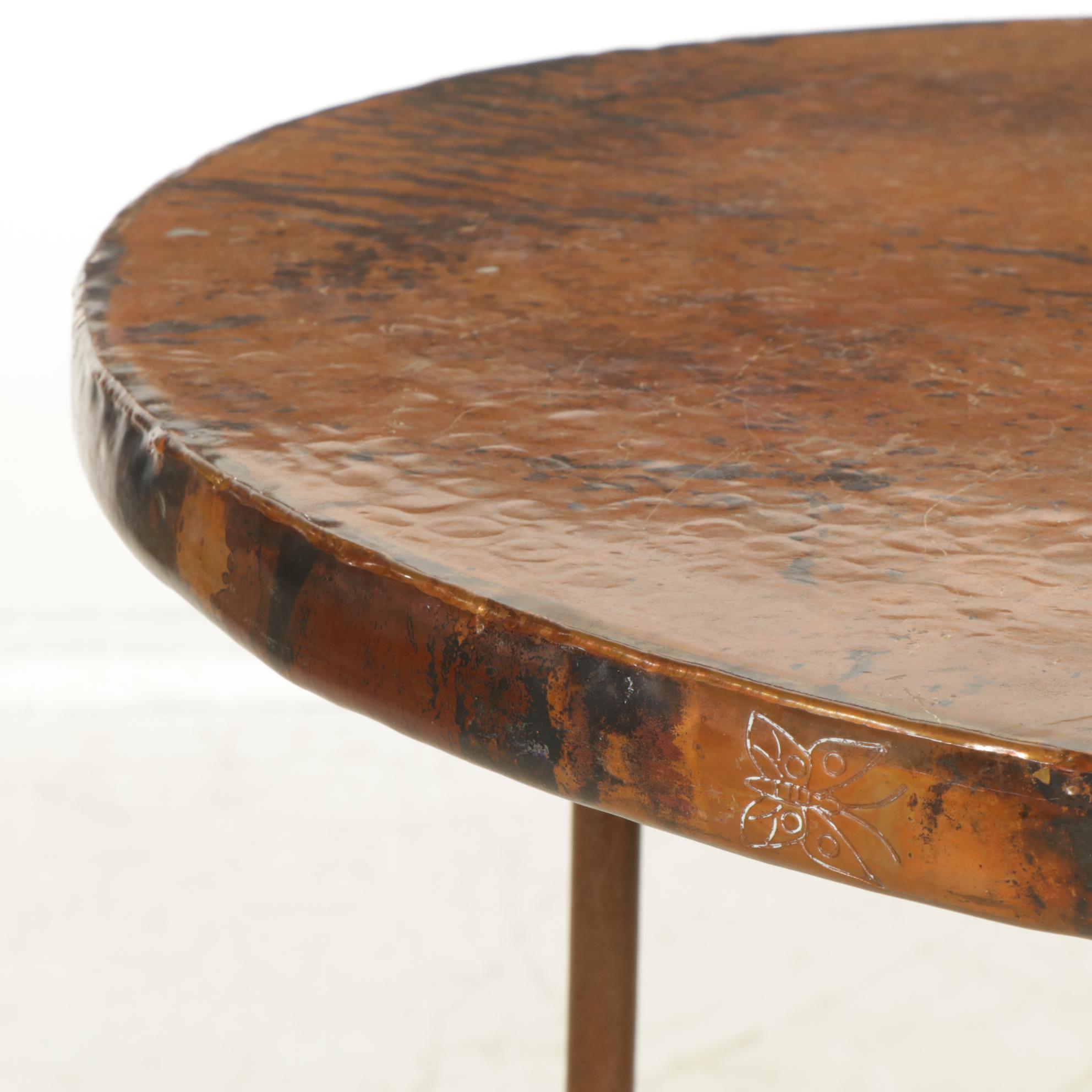 Mexican Hammered Copper Table and Set of Rustic Leather Bar Stools & High Chairs