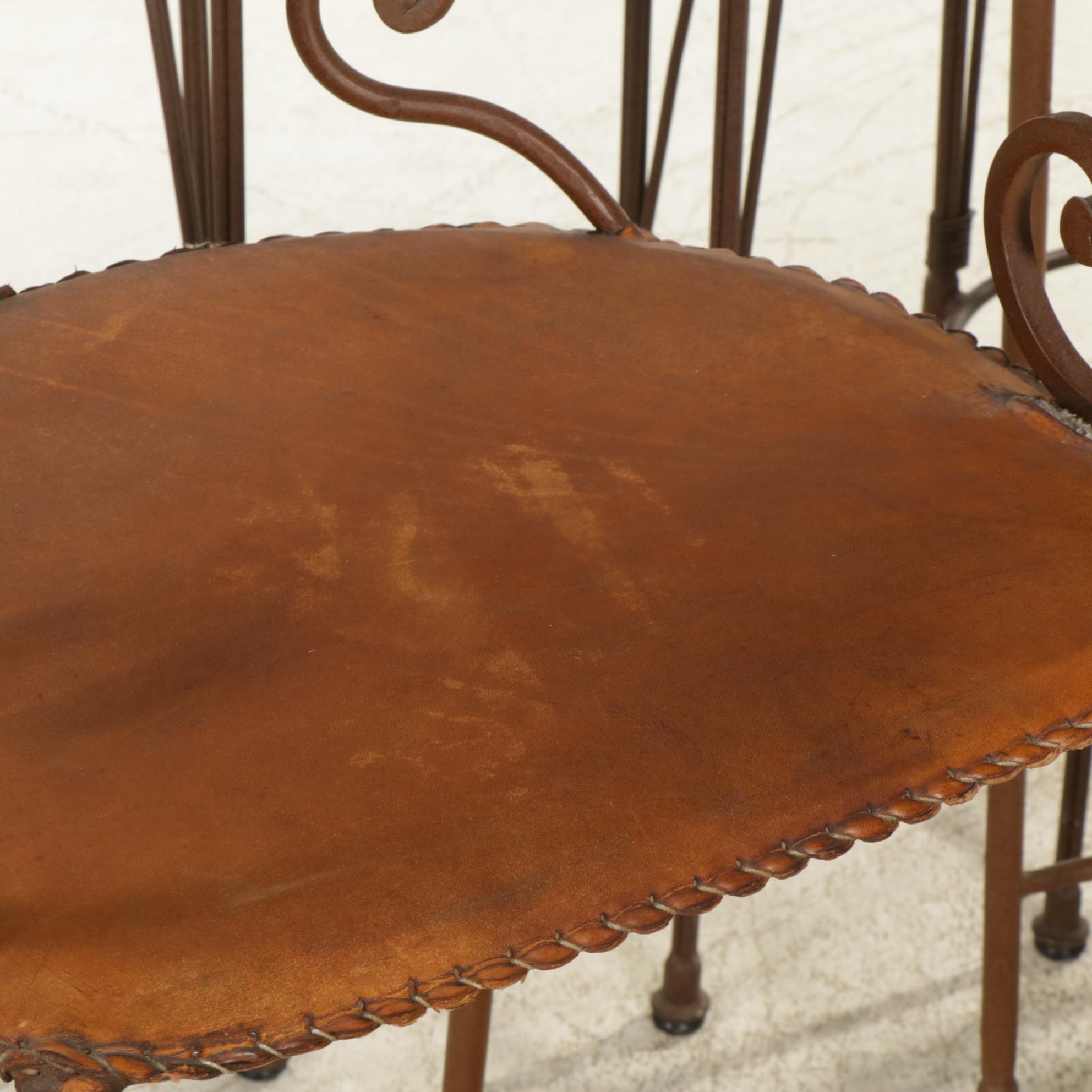 Mexican Hammered Copper Table and Set of Rustic Leather Bar Stools & High Chairs