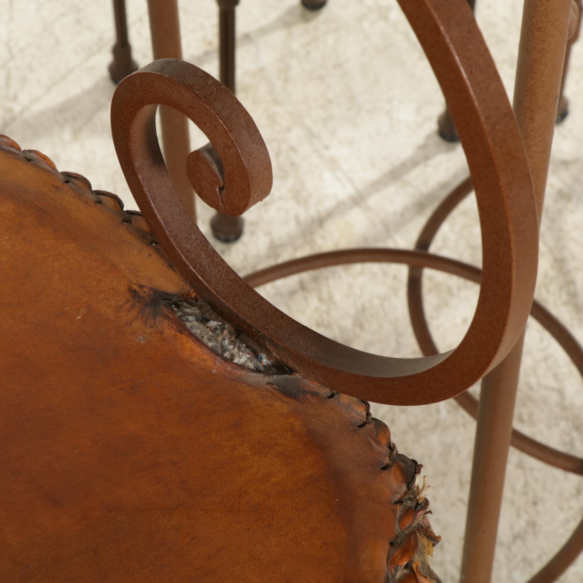 Mexican Hammered Copper Table and Set of Rustic Leather Bar Stools & High Chairs