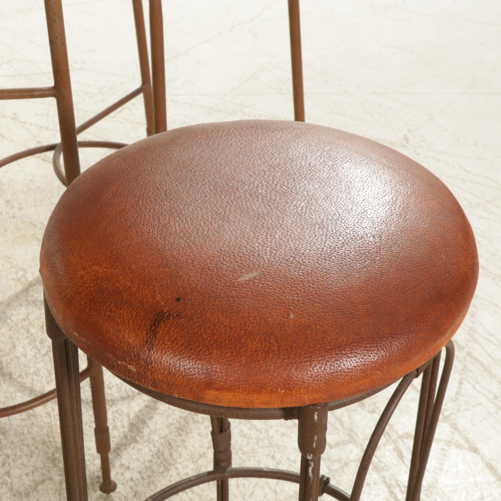 Mexican Hammered Copper Table and Set of Rustic Leather Bar Stools & High Chairs