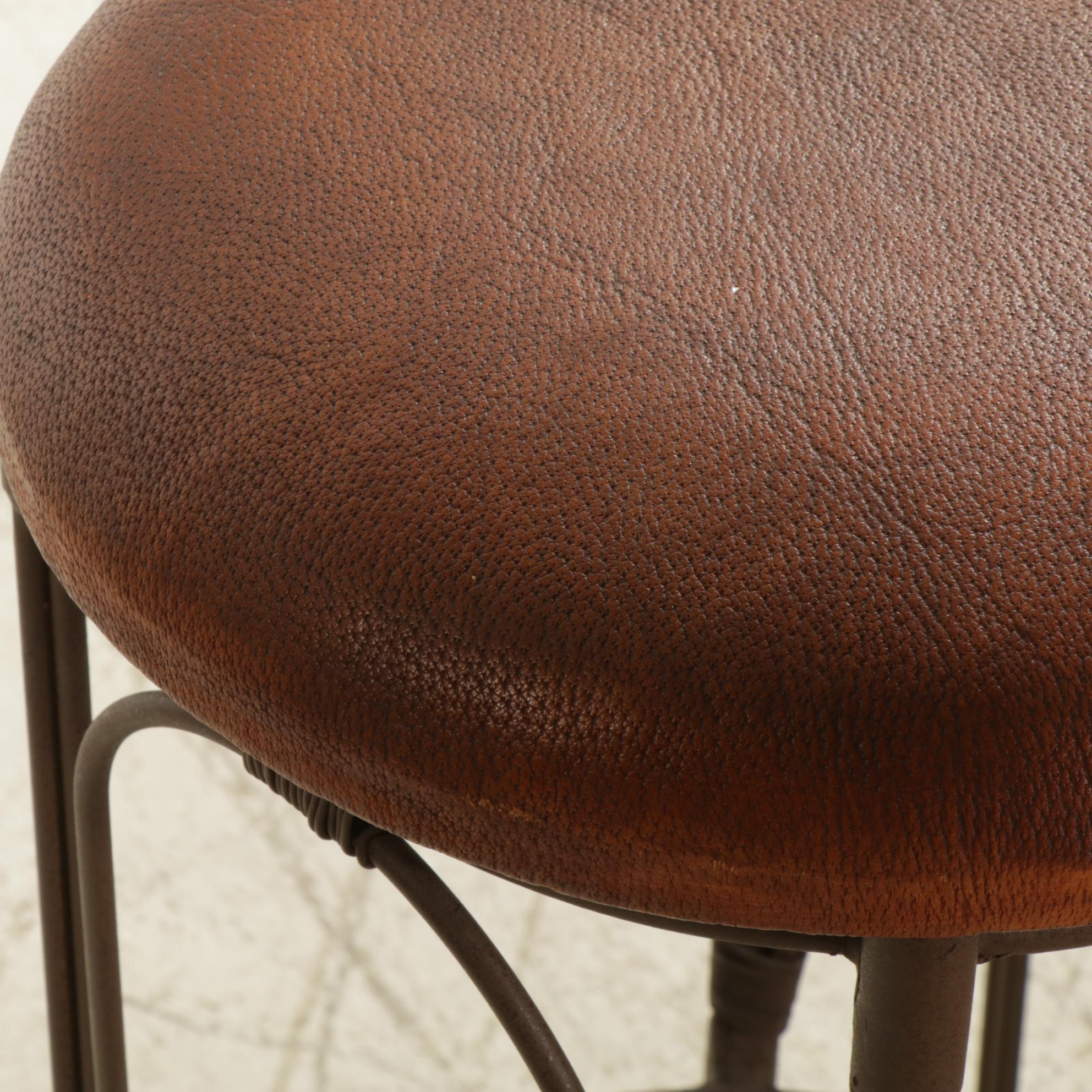 Mexican Hammered Copper Table and Set of Rustic Leather Bar Stools & High Chairs