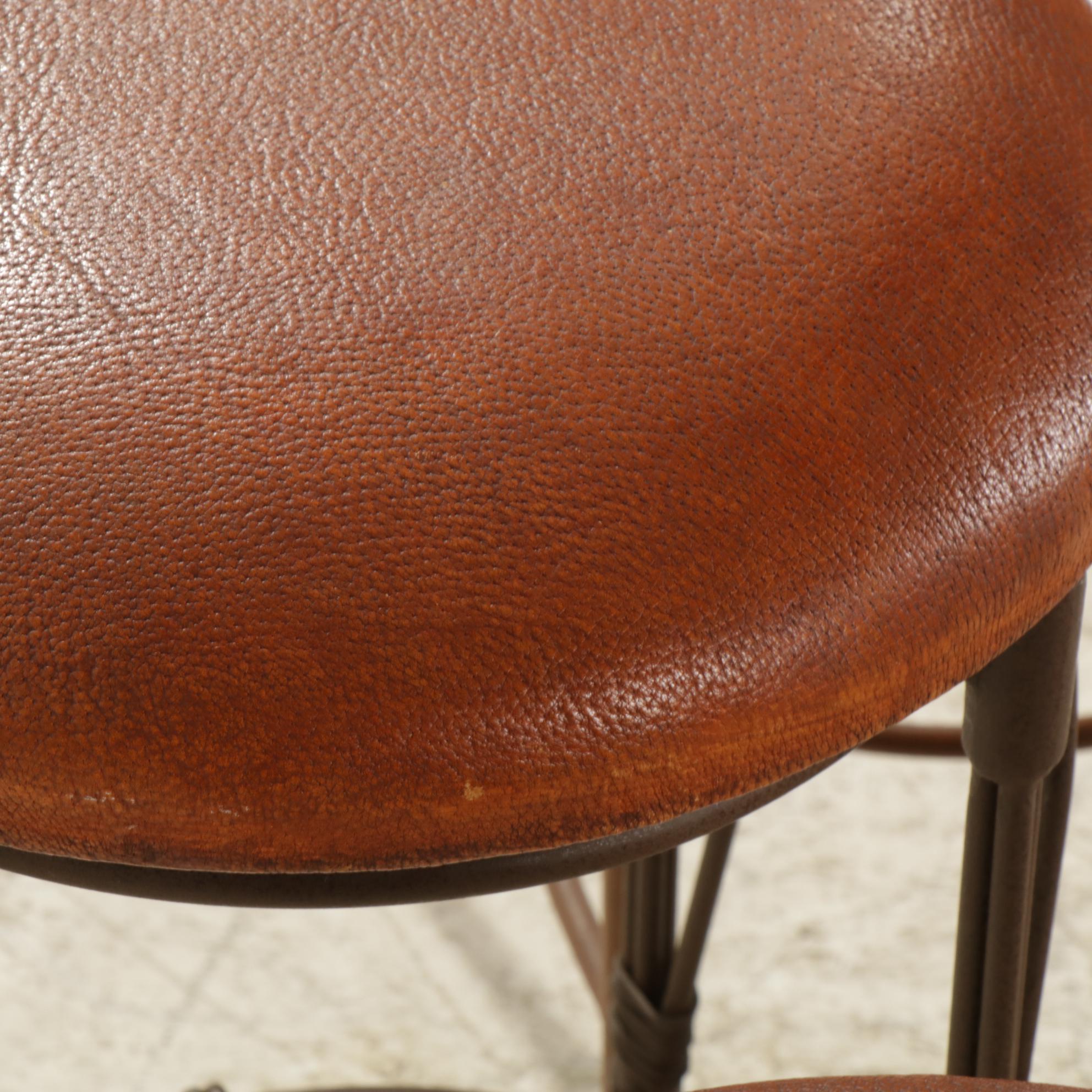 Mexican Hammered Copper Table and Set of Rustic Leather Bar Stools & High Chairs