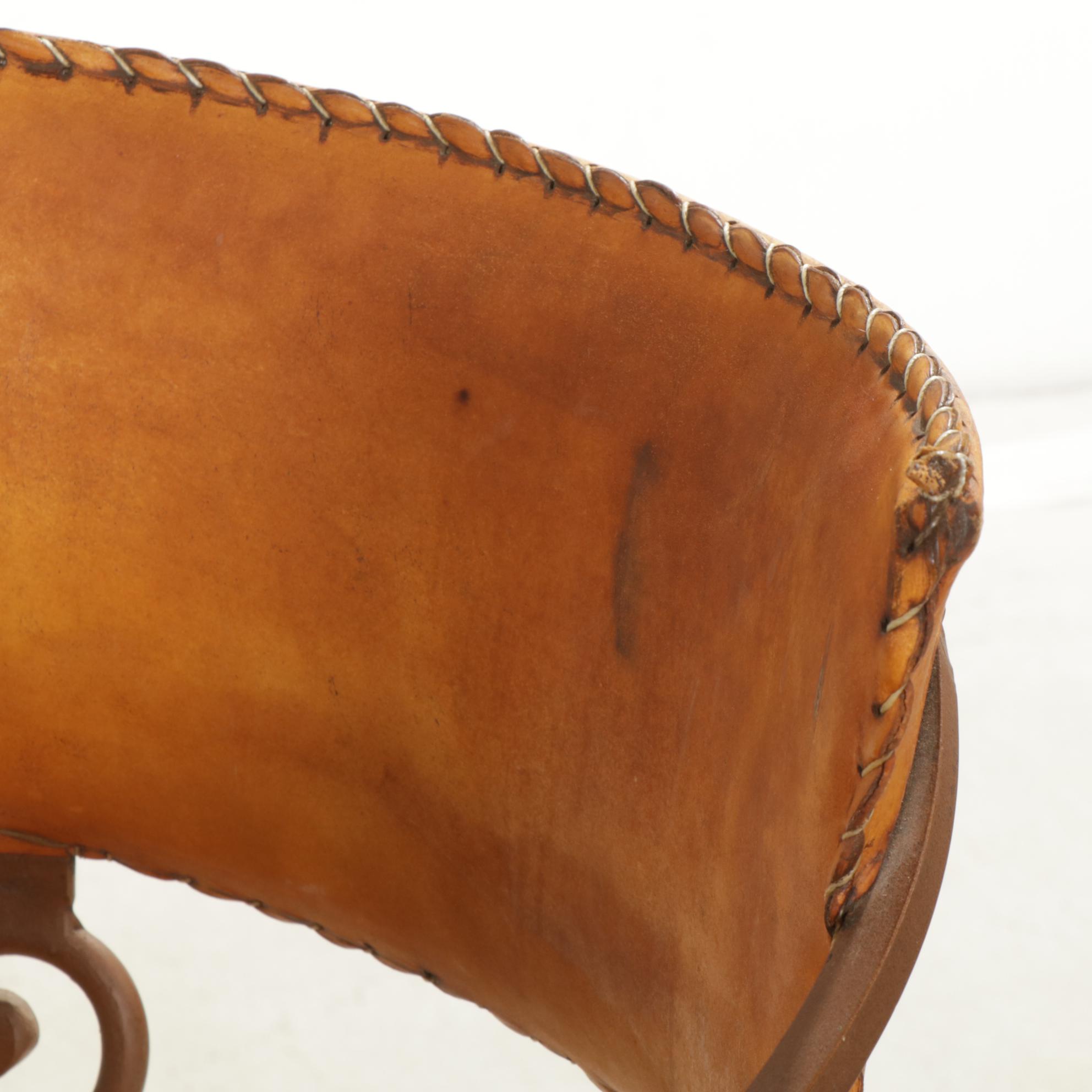 Mexican Hammered Copper Table and Set of Rustic Leather Bar Stools & High Chairs