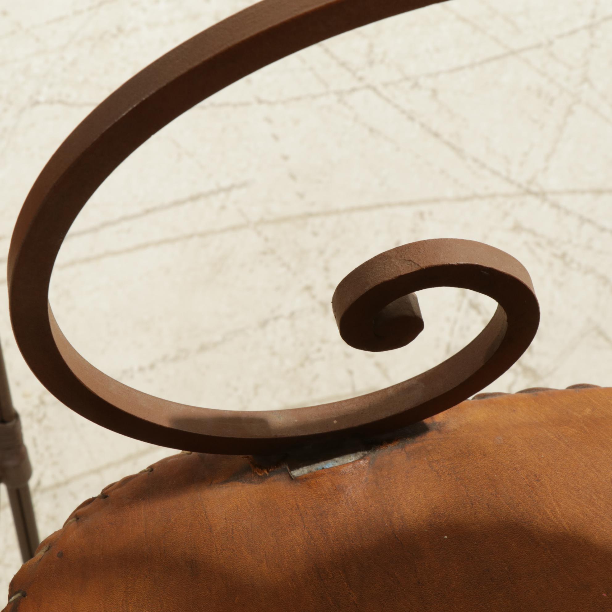 Mexican Hammered Copper Table and Set of Rustic Leather Bar Stools & High Chairs