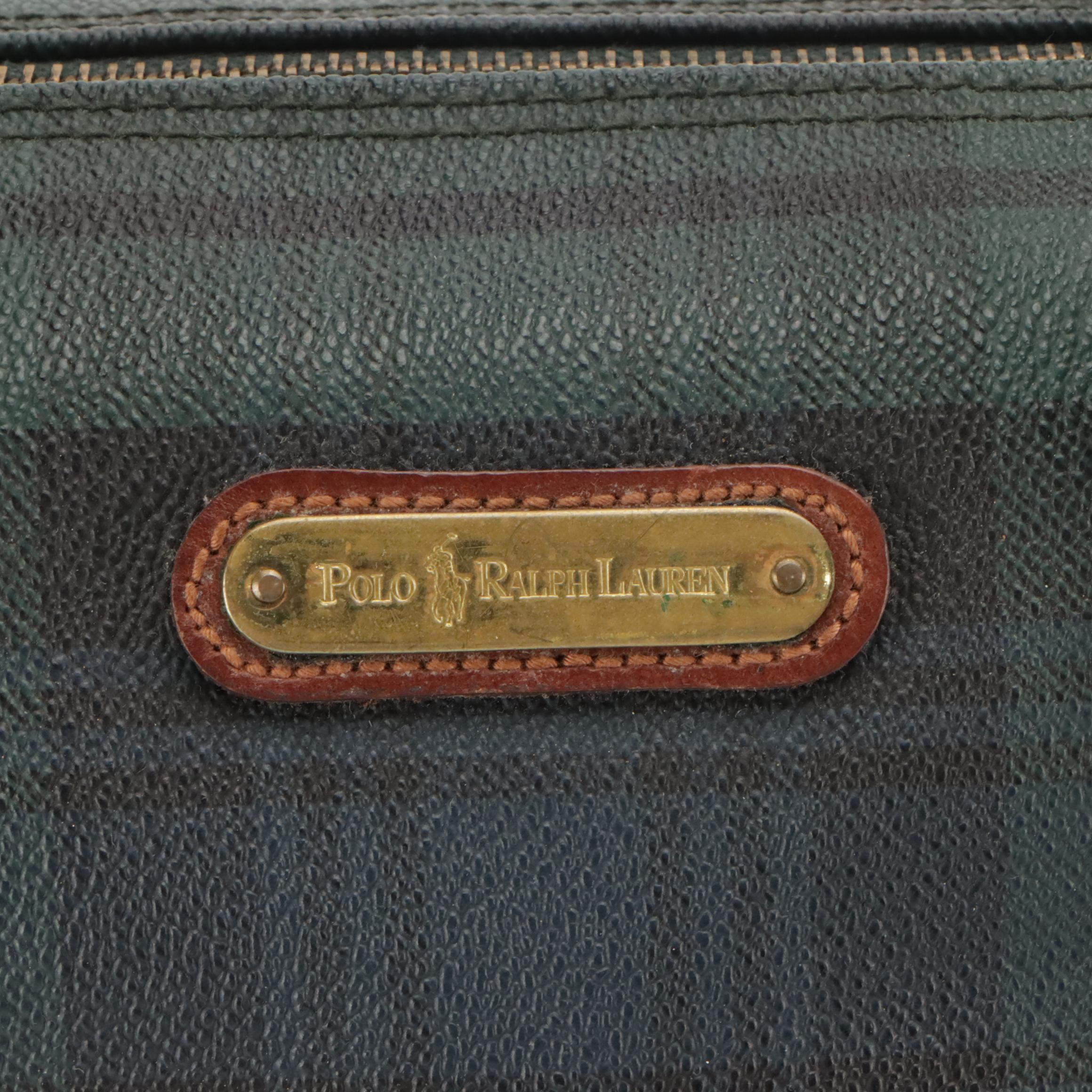 Polo Ralph Lauren Medium Boston Bag in Green/Blue Plaid Canvas with Leather Trim