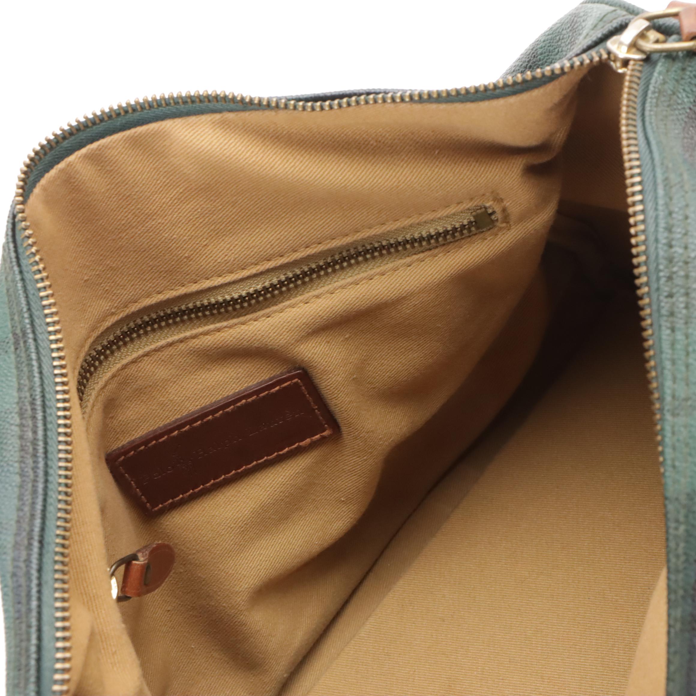 Polo Ralph Lauren Medium Boston Bag in Green/Blue Plaid Canvas with Leather Trim