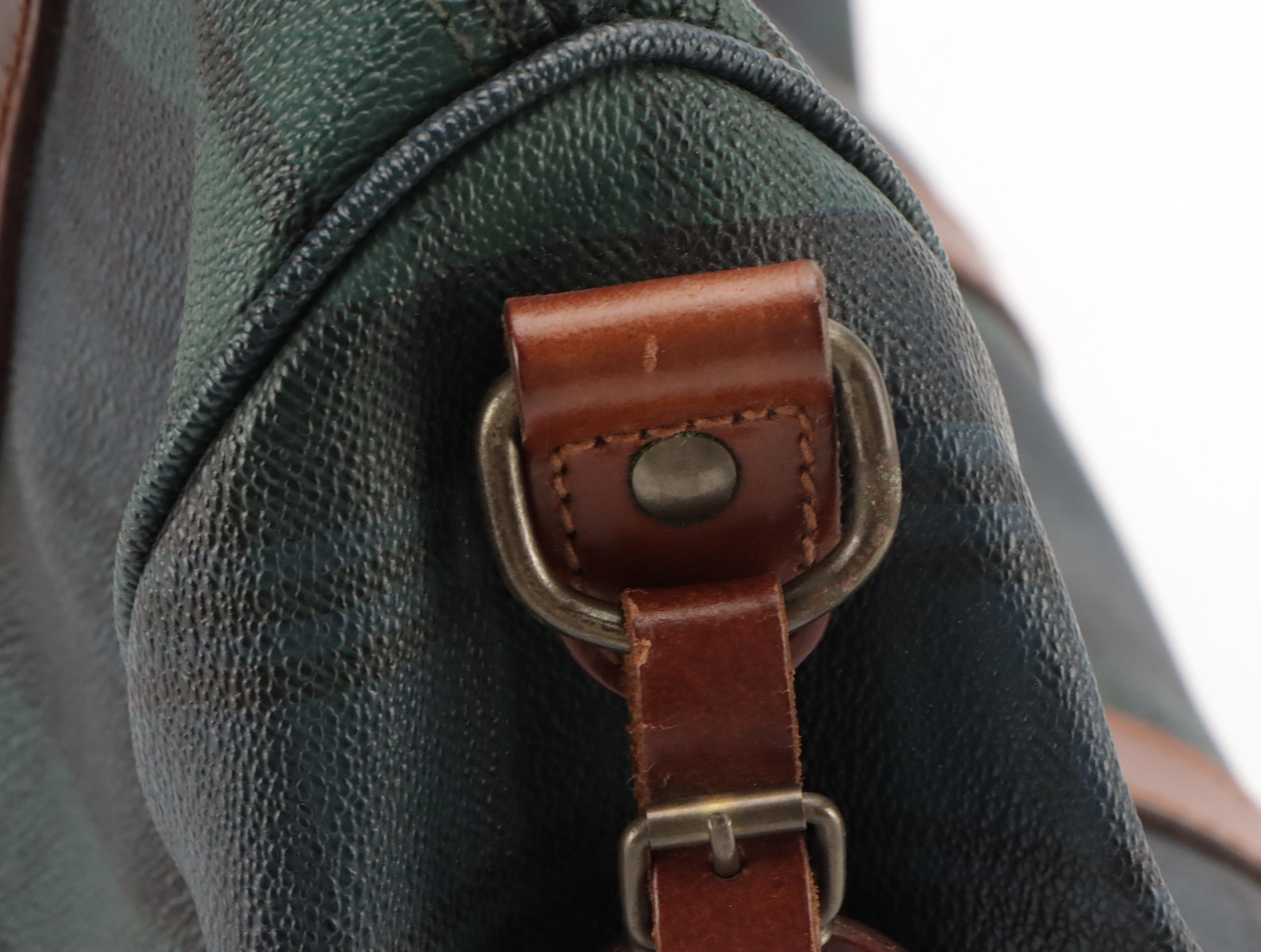 Polo Ralph Lauren Medium Boston Bag in Green/Blue Plaid Canvas with Leather Trim