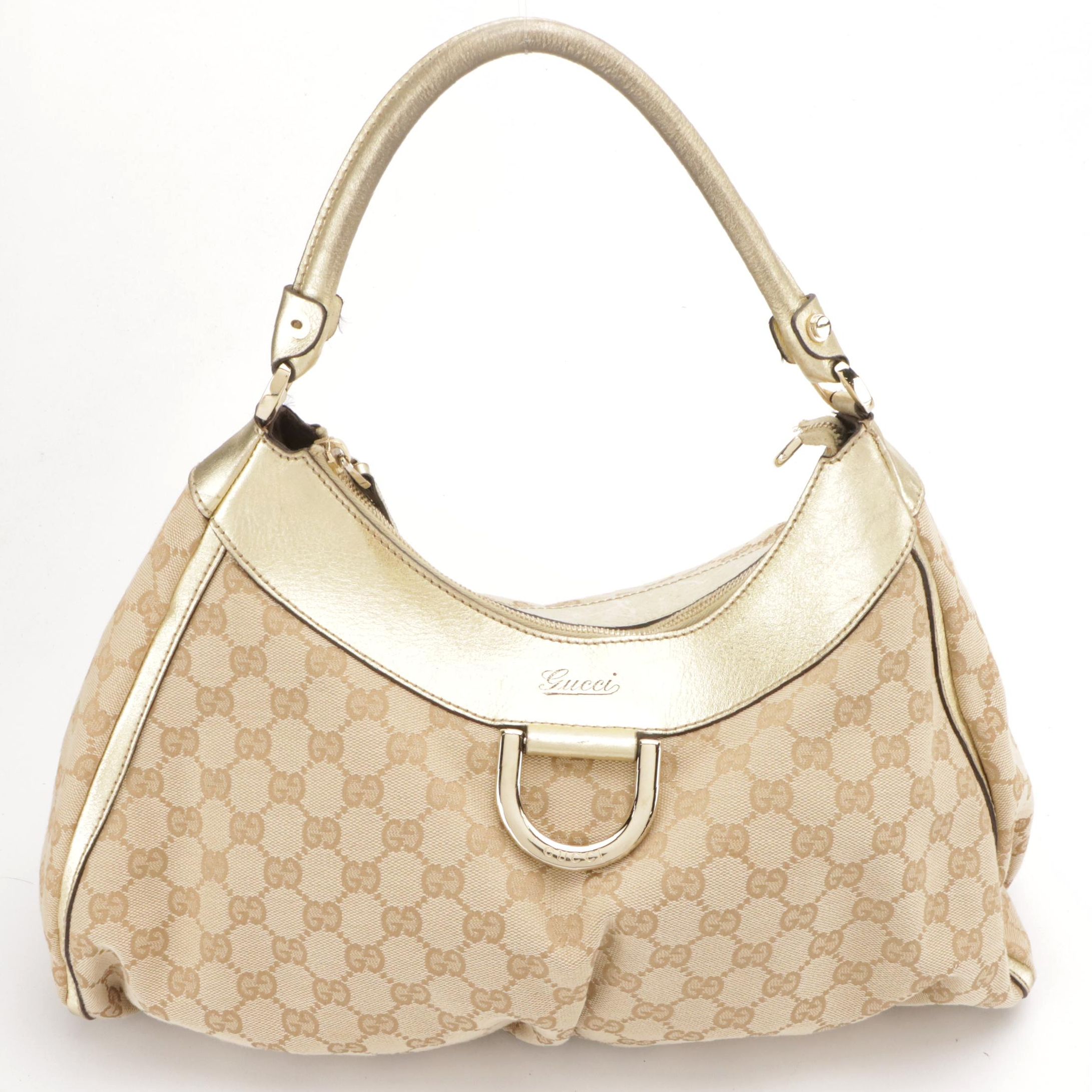 Gucci Abbey D-Ring Shoulder Bag in Beige GG Canvas and Metallic Gold Leather