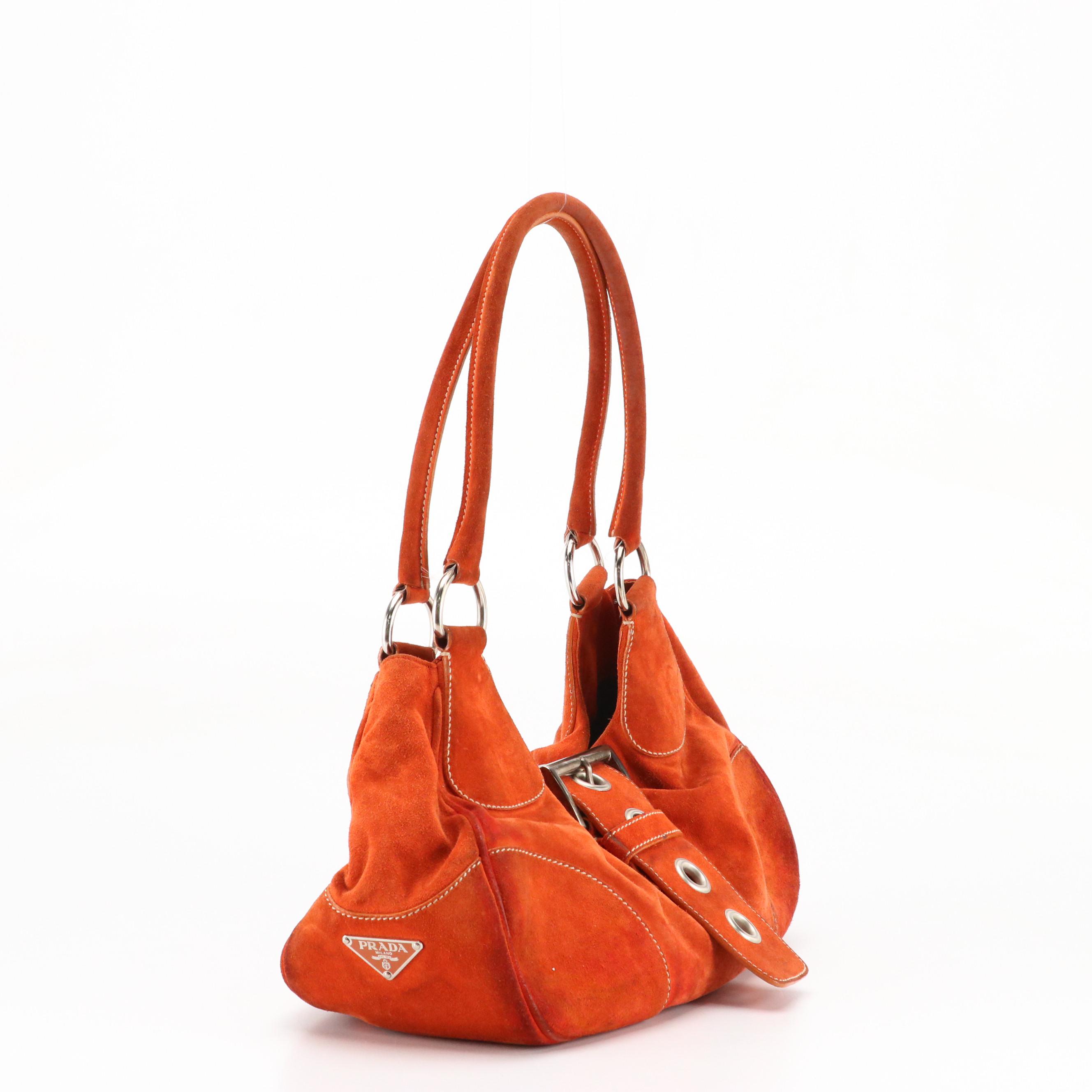 Prada Suede Grommet Buckle Strap Shoulder Bag with Contrast Stitching