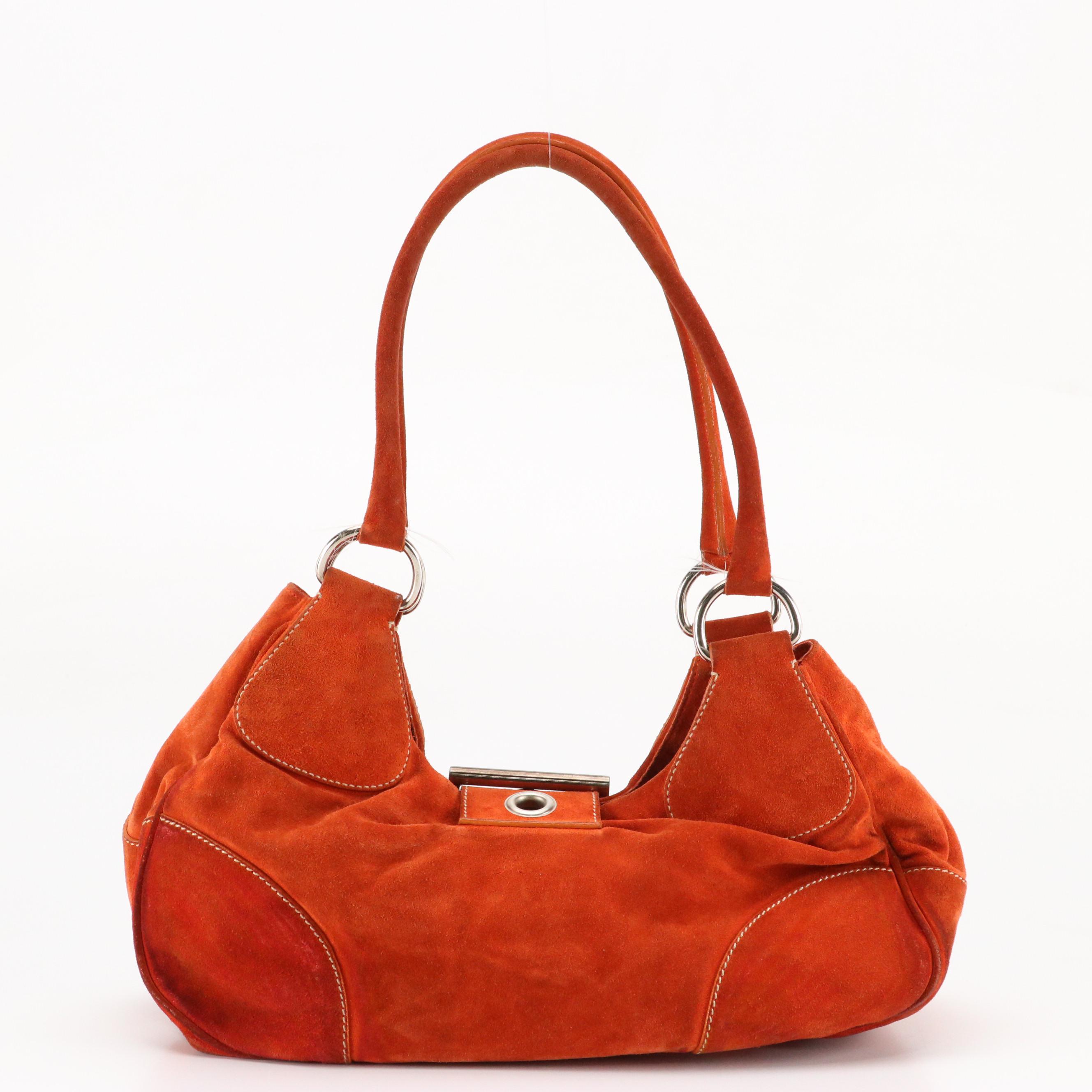 Prada Suede Grommet Buckle Strap Shoulder Bag with Contrast Stitching