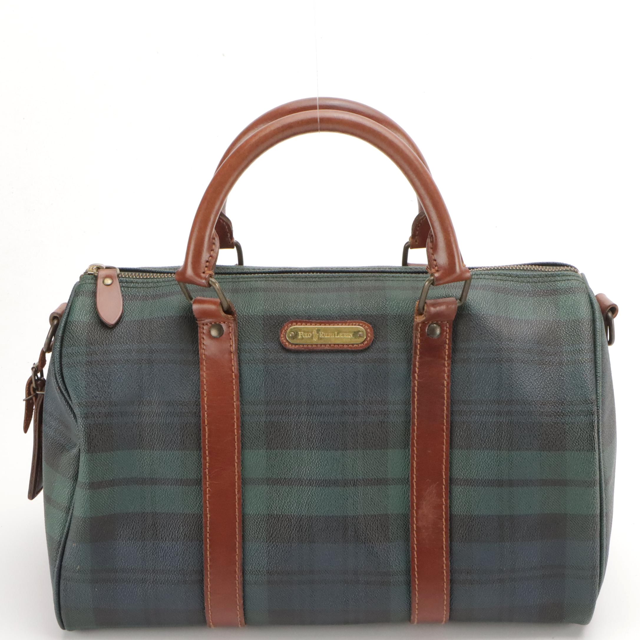 Polo Ralph Lauren Medium Boston Bag in Green/Blue Plaid Canvas with Leather Trim