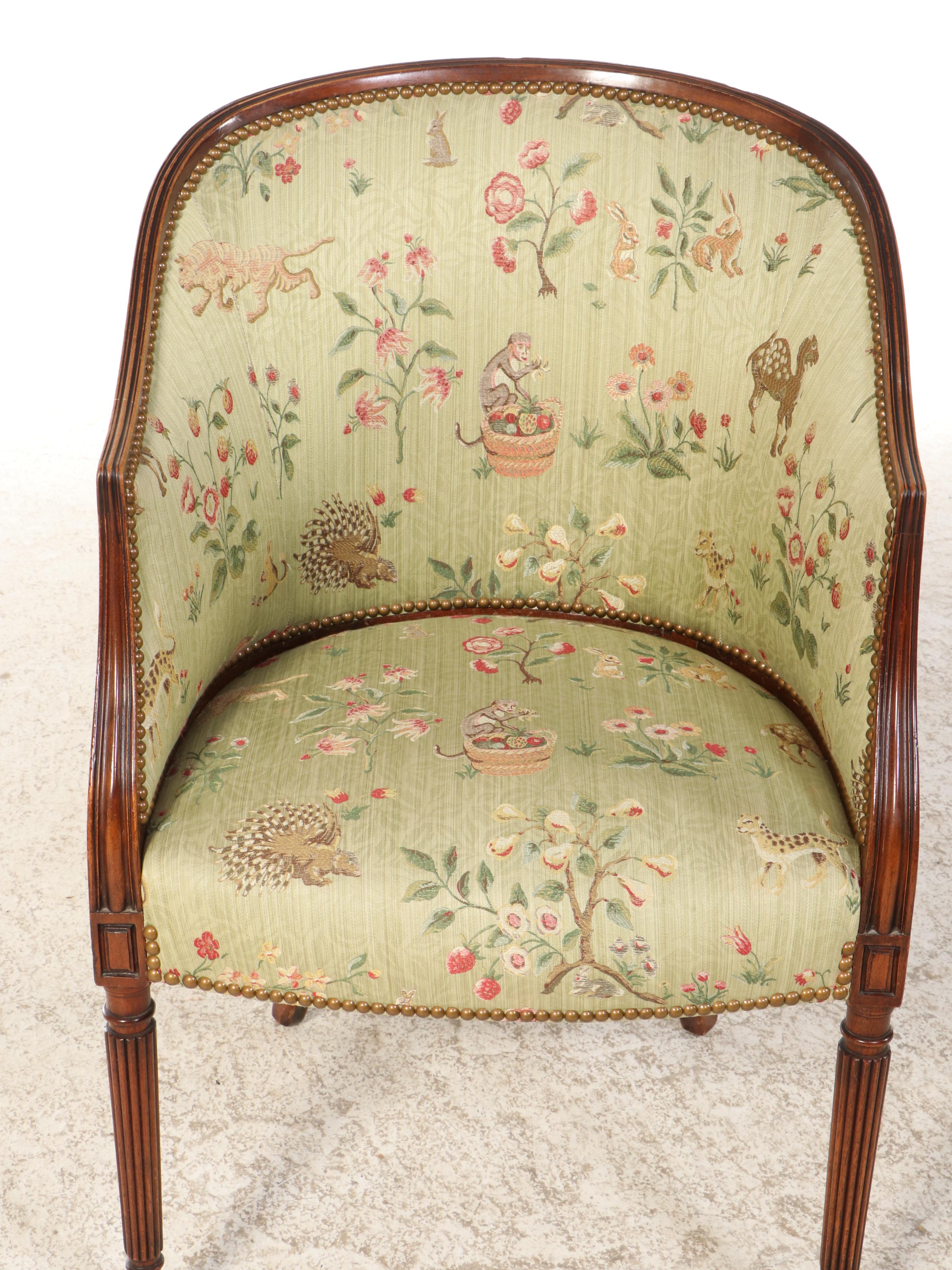 Sheraton Style Barrel-Back Upholstered Mahogany Chair