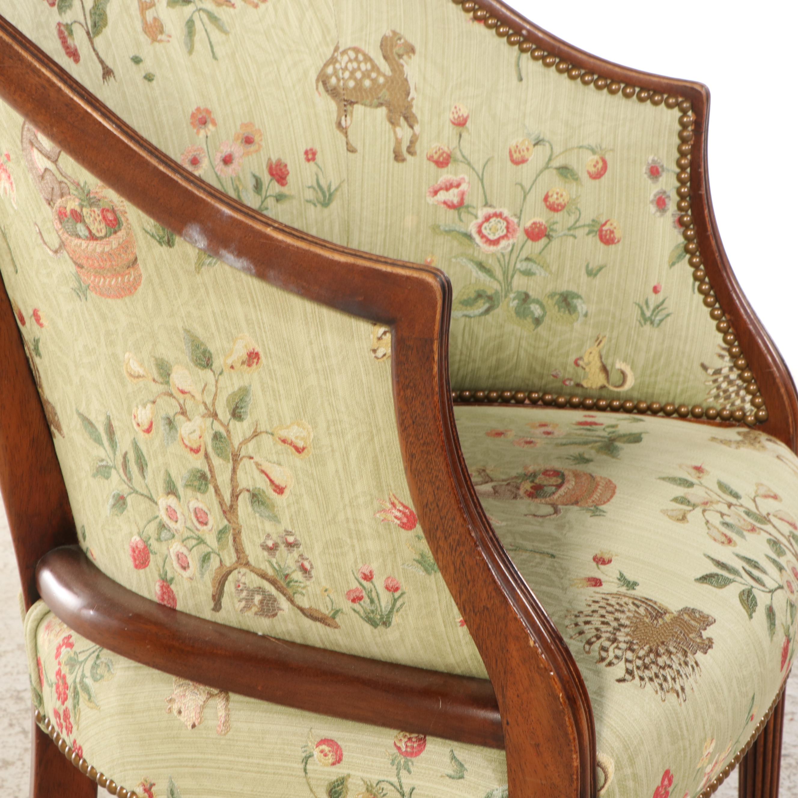 Sheraton Style Barrel-Back Upholstered Mahogany Chair